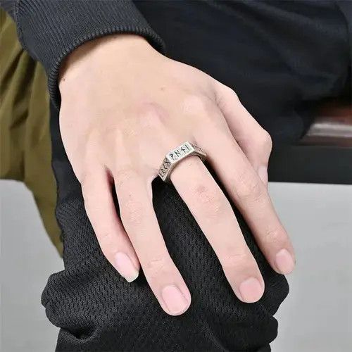 Vintage Retro Punk Stainless Steel Screws Norse Runes Amulet Ring Size ONE SIZE - 4 Thumbnail
