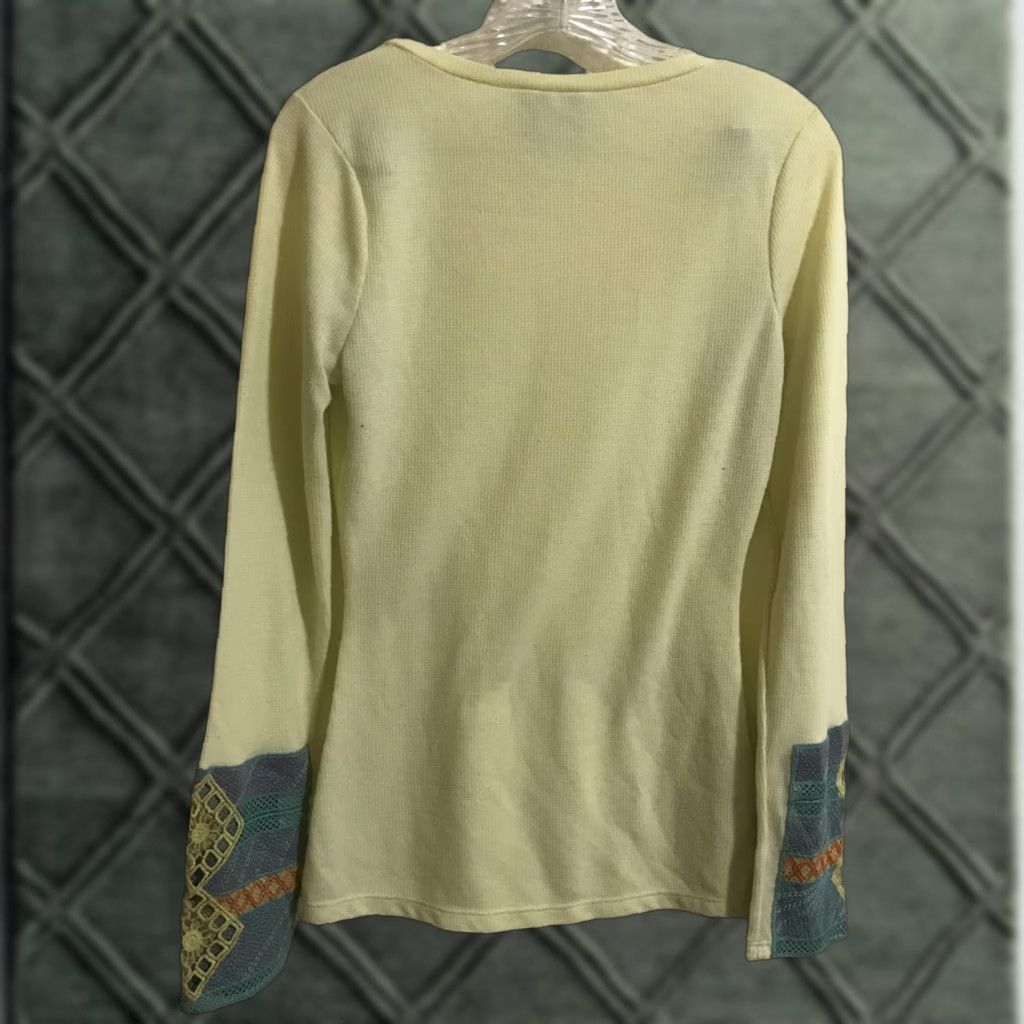 Vintage BKE Blouse Shirt Womens Small Yellow Embroidered Scoop Neck Long Sleeve Thermal Cuff Top Size S / US 4 / IT 40 - 1 Thumbnail
