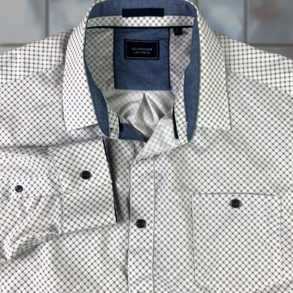 Vintage 7 Diamonds Long Sleeve Shirt Mens XL 4 Way Stretch Button Up Collar White Blue Size US XL / EU 56 / 4 - 1 Thumbnail