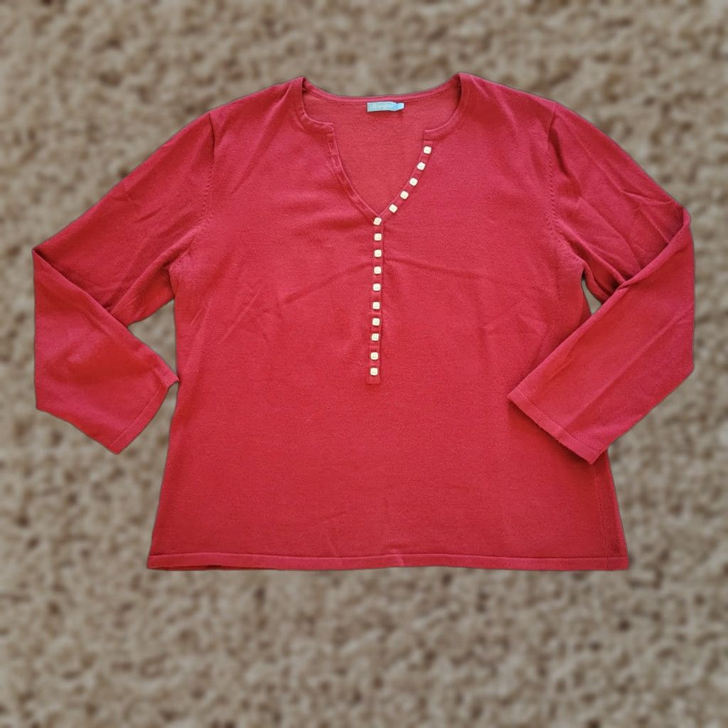 J.McLaughlin J. McLaughlin Sweater Top Women L Red V-Neck 3/4 Sleeve Button Classic Basic Size L / US 10 / IT 46 - 1 Thumbnail