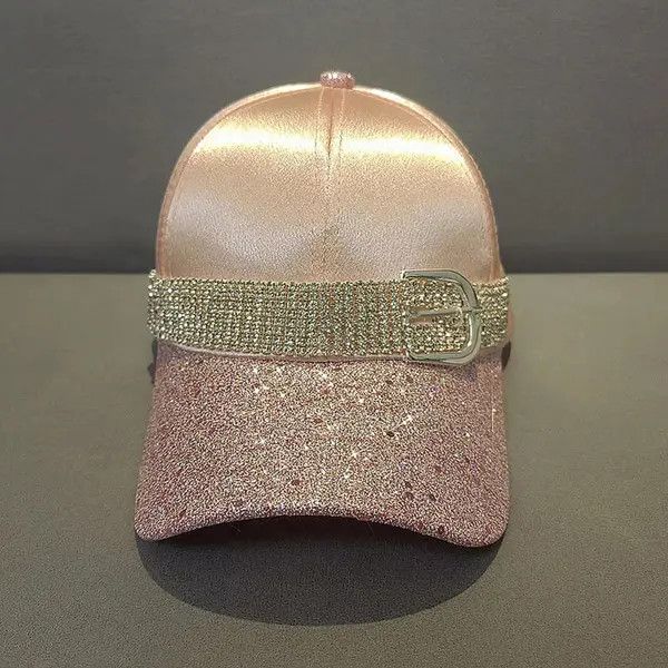 Jewelry Pink Satin Glitter Baseball Cap with Rhinestone Belt Size ONE SIZE - 6 Thumbnail