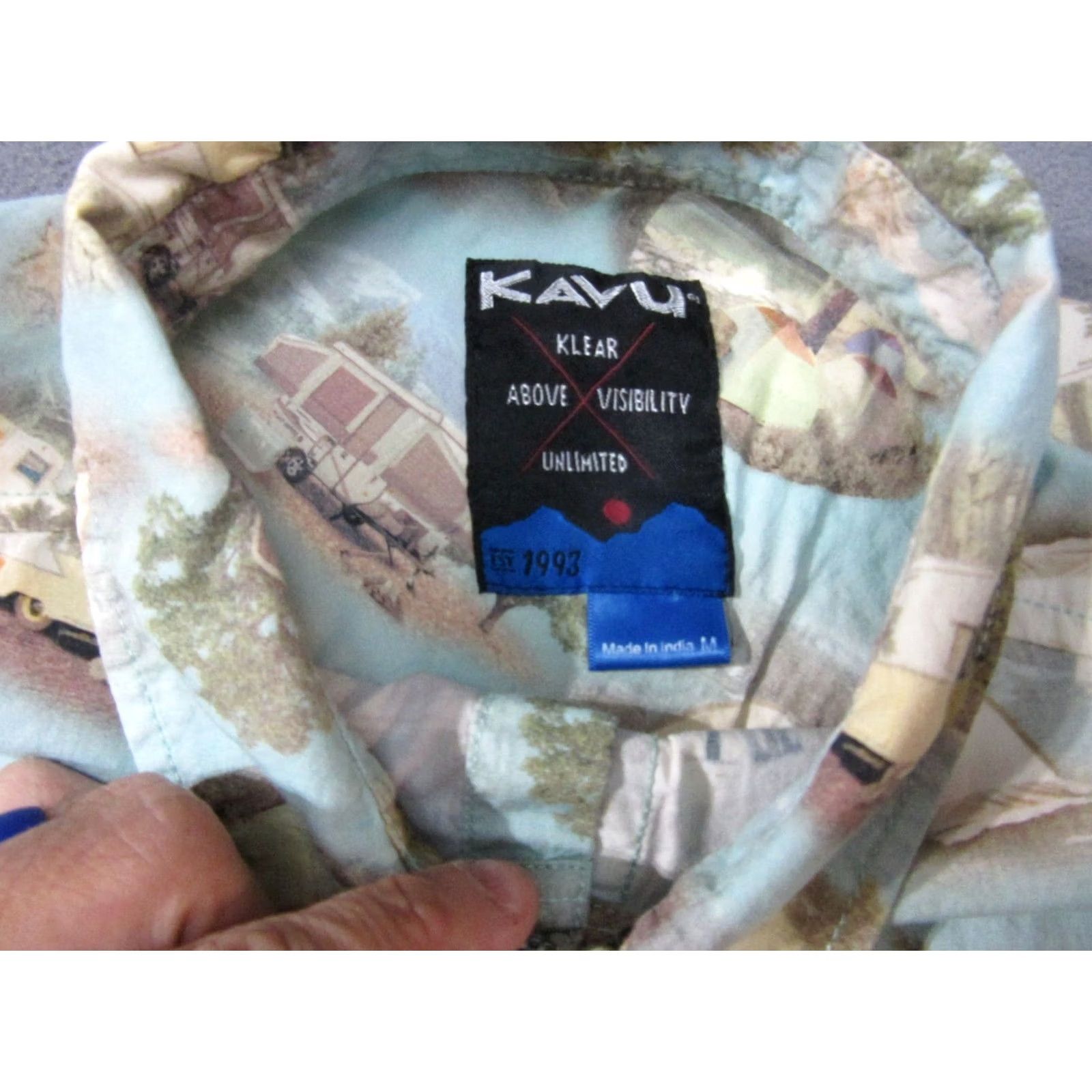 KAVU Kavu Shirt Mens Medium Blue Beige Outdoor Camping Trailers Tent Short Sleeve Size US M / EU 48-50 / 2 - 4 Thumbnail