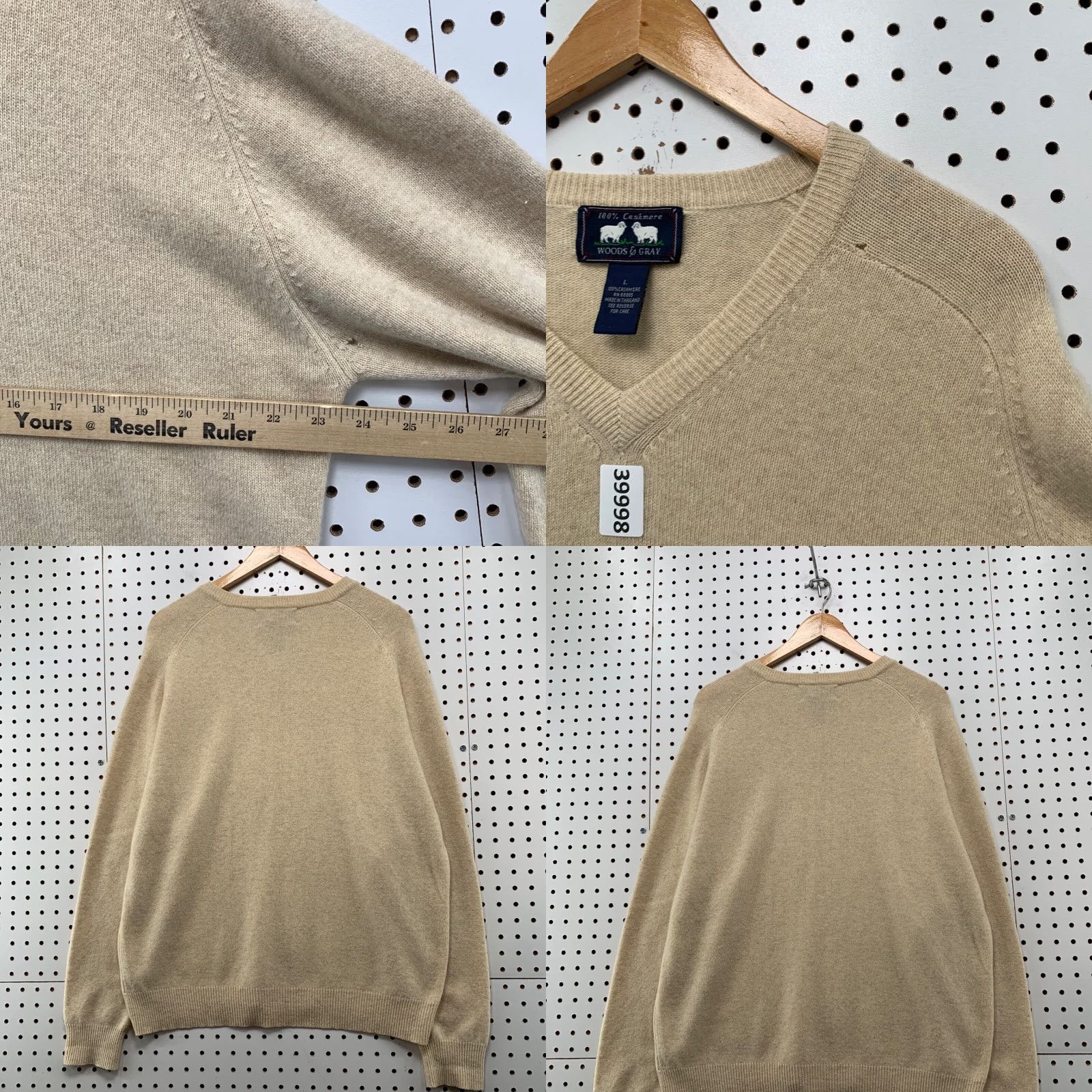 Vintage Woods & Gray 100% Cashmere Knit Sweater Mens Large Beige V-Neck Pullover Size US L / EU 52-54 / 3 - 10 Thumbnail