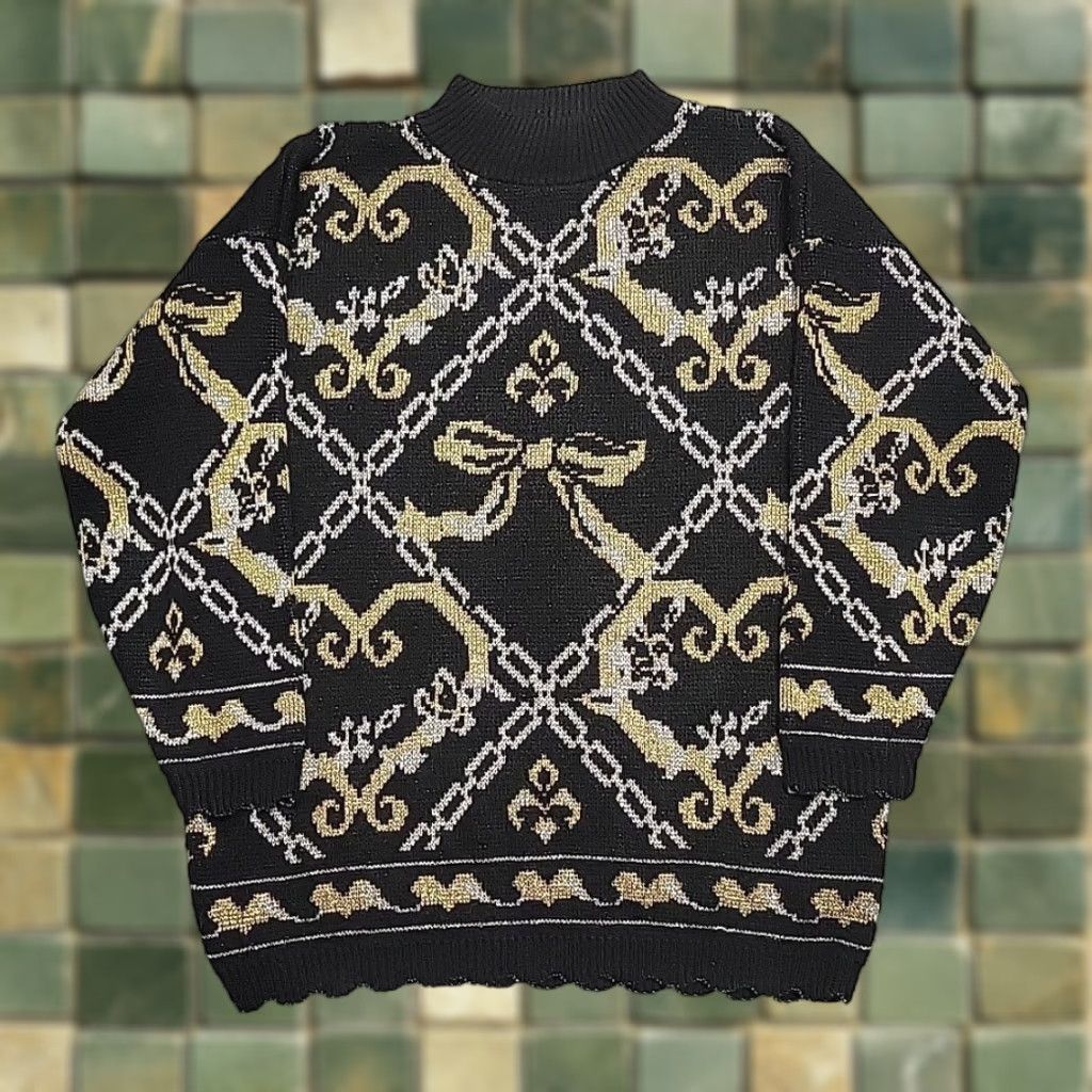 Vintage VTG Dana Scott Sweater Womens Large Black Gold Lurex Knit 80s Glam Made in USA Sleeved Long Geometric Pattern Knit Pullover Casual Shirts Womens Size L / US 10 / IT 46 - 1 Thumbnail