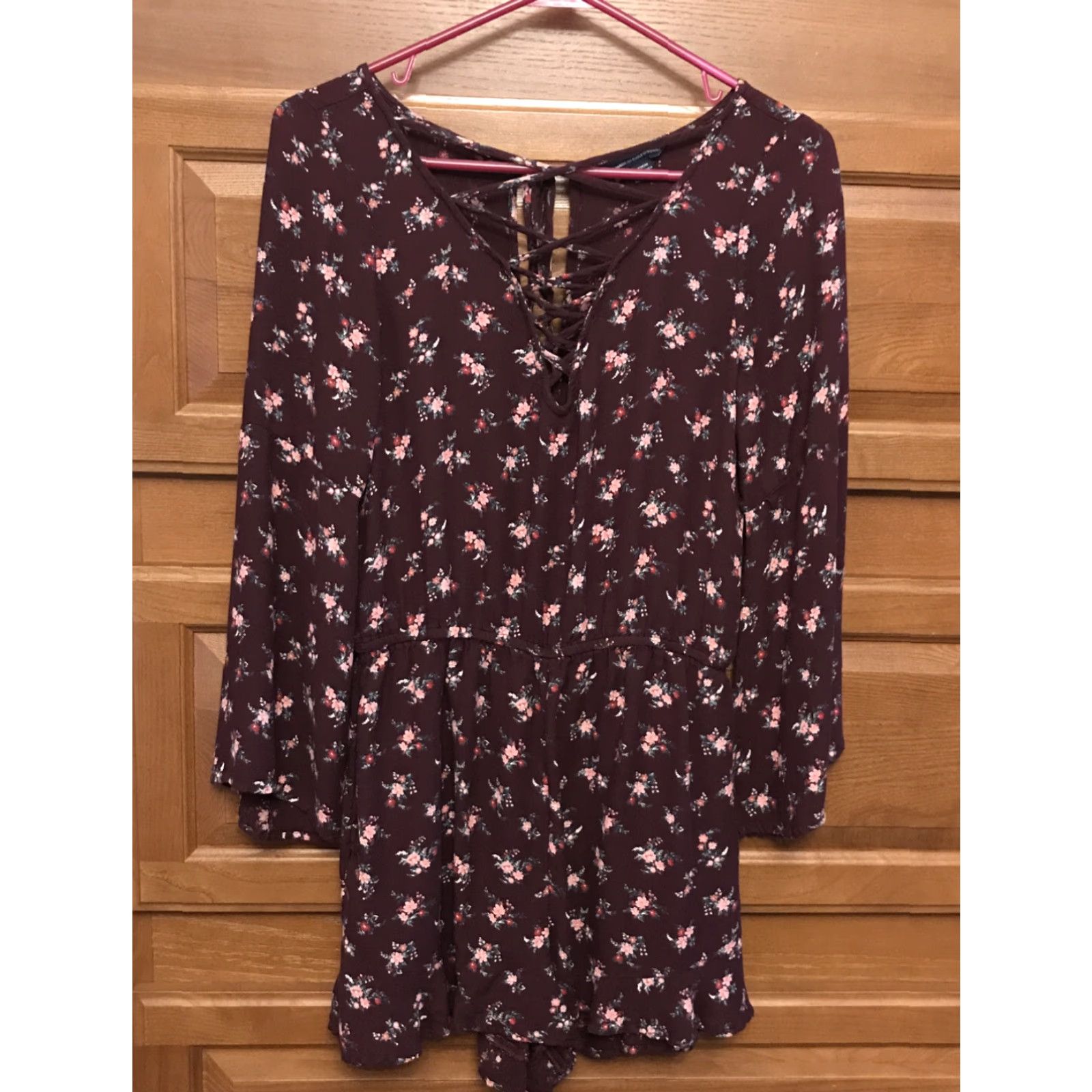 American Eagle Outfitters VINTAGE American Eagle Outfitters Romper One-Piece Bohemian Floral Lace-Up 3/4 Sleeve M Purple Girls Size 32" / US 10 / IT 46 - 2 Thumbnail