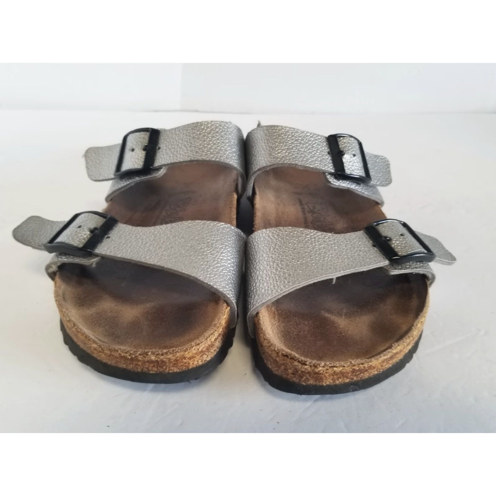 Birkenstock Birkenstock Sandals Birki's Womens 7 Silver Slip On Buckle Slide Shoes Leather Cork Rubber Flat Heel 1 in See All Pics Size US 7 / IT 37 - 6 Thumbnail