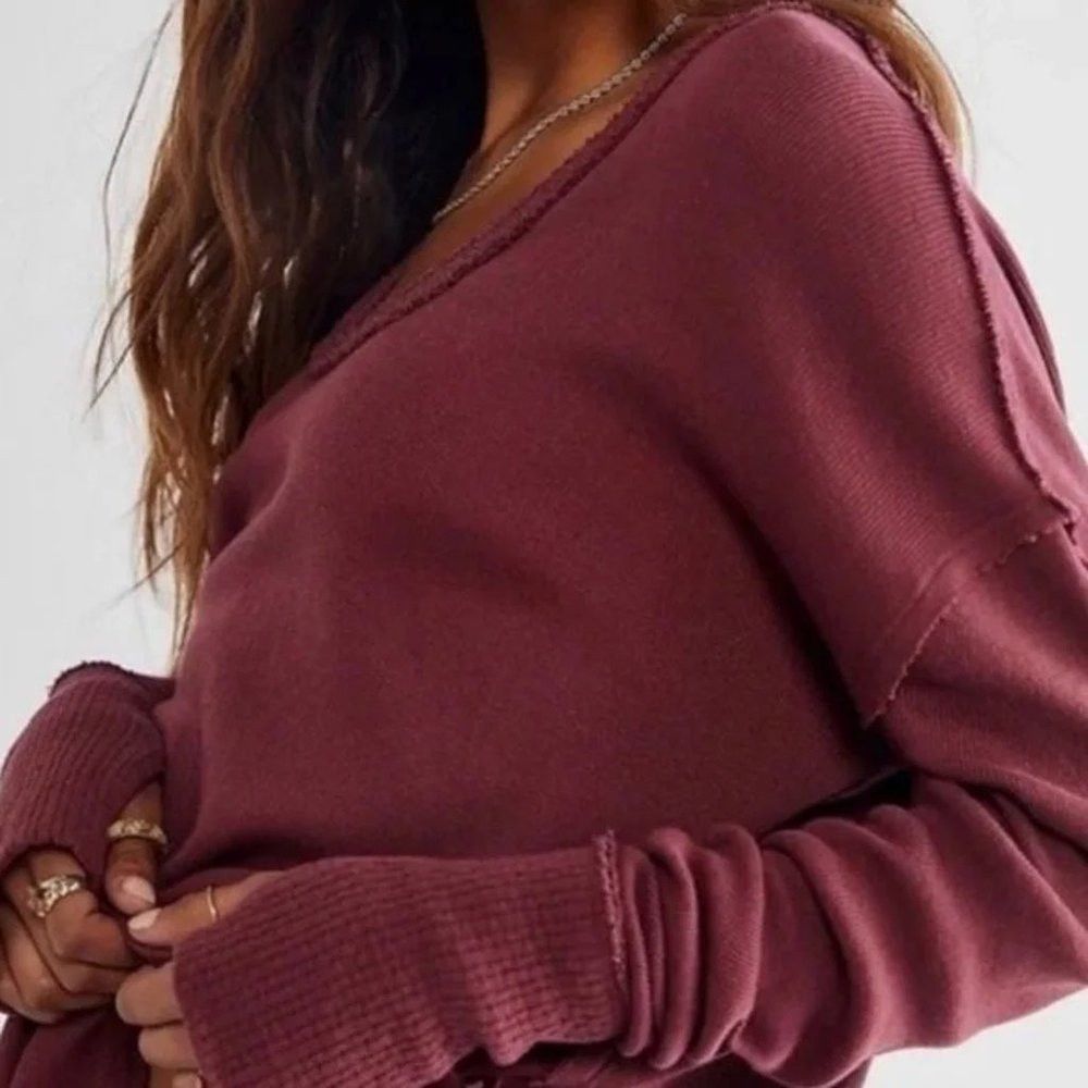 Free People New Free People Colby Raw Edge Long Sleeve Cotton Burgundy Size XS / US 0-2 / IT 36-38 - 2 Thumbnail