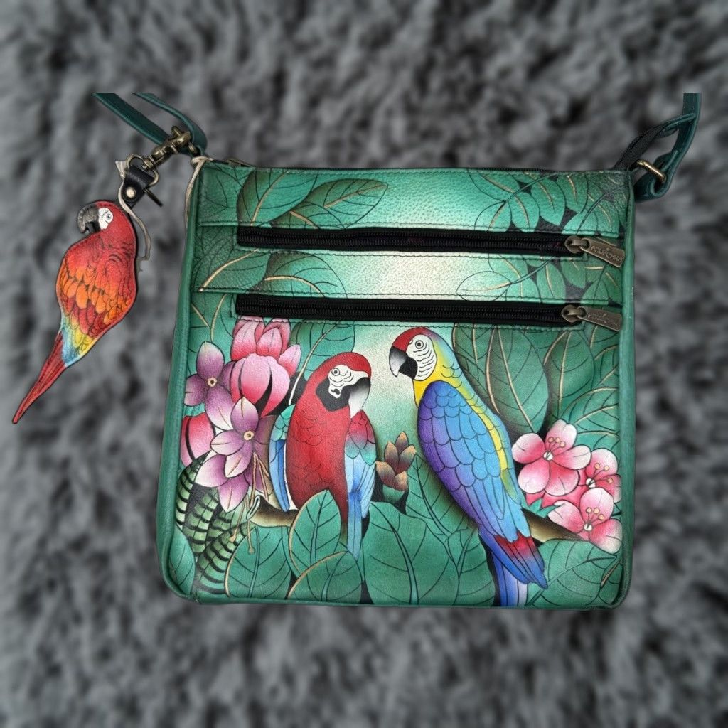 VINTAGE Anuschka Leather Shoulder Bag Women Parrots Hand Painted