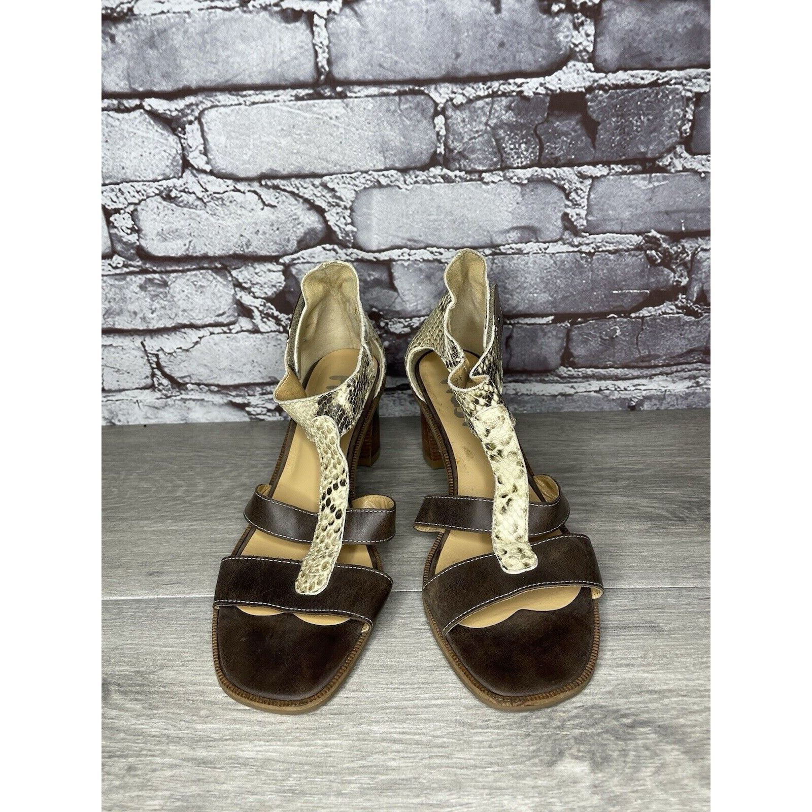 Fiji Fidji Ivory Leather Snake Skin Anke Strap Print Brown Heel S Size US 8 / IT 38 - 23 Thumbnail