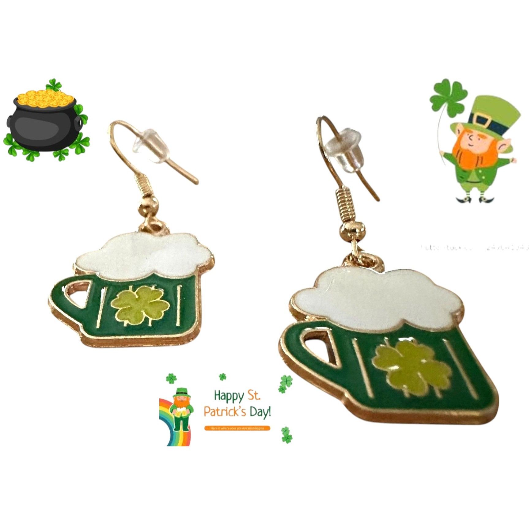 Handmade St Patricks Day Earrings Beer Four Leaf Clover Dangle Hooks Size ONE SIZE - 2 Thumbnail