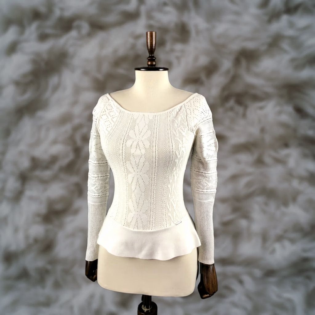 Liu Jo Liu Jo White Perforated Jumper Women Shirt Knit 100% Cotton White Boat Neck Long Sleeve Regular Fit Casual Women XS-XL Size ONE SIZE - 1 Thumbnail
