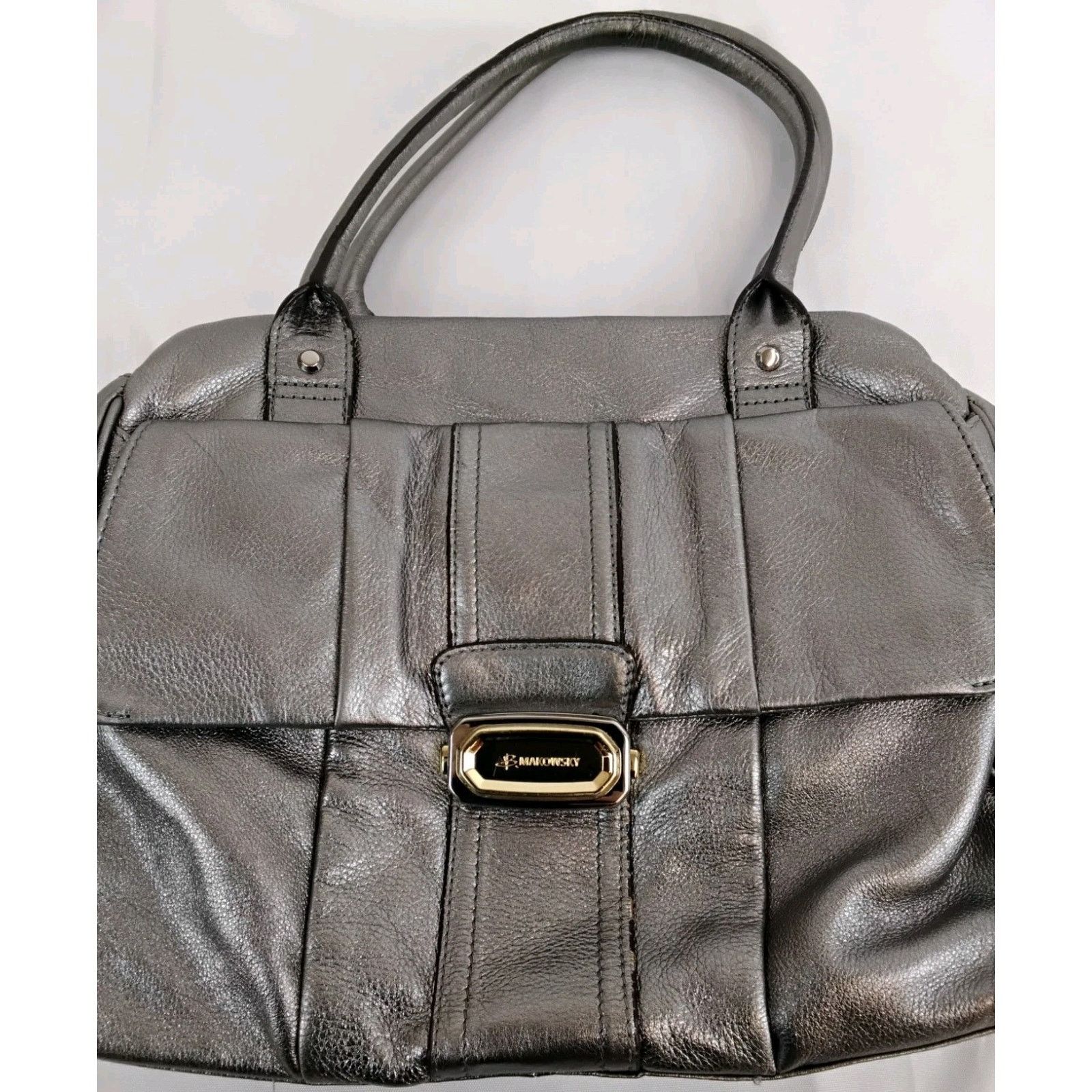 Other B Makowsky Silver Leather Handbag Top Handles Slouch Purse Size ONE SIZE - 5 Thumbnail