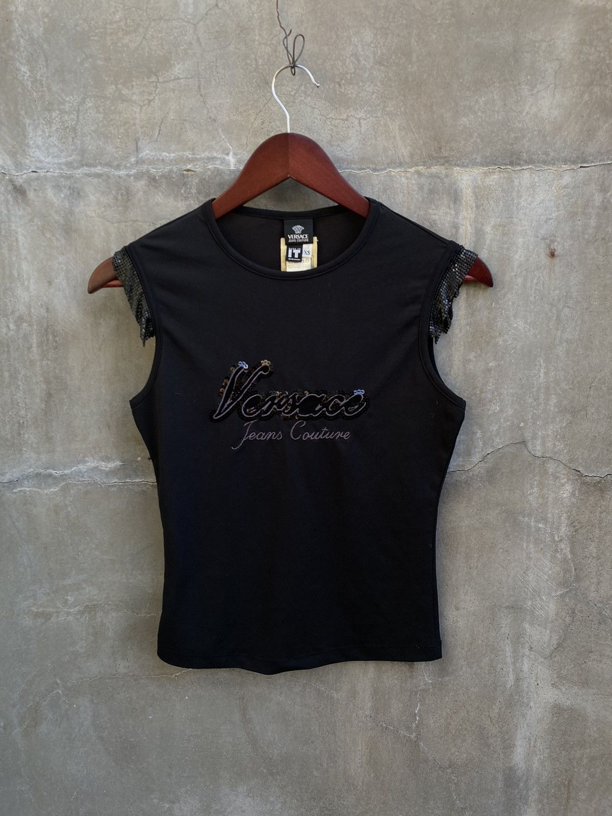 image of Versace Jeans Couture Black On Black Embellished Sleeveless Top, Women's (Size XS)