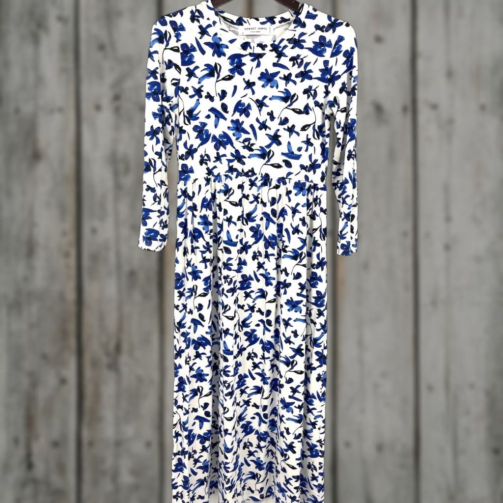Sonnet James Women's XS Blue Floral Midi Dress Long Sleeve Scoop Neck Casual Party Cottagecore