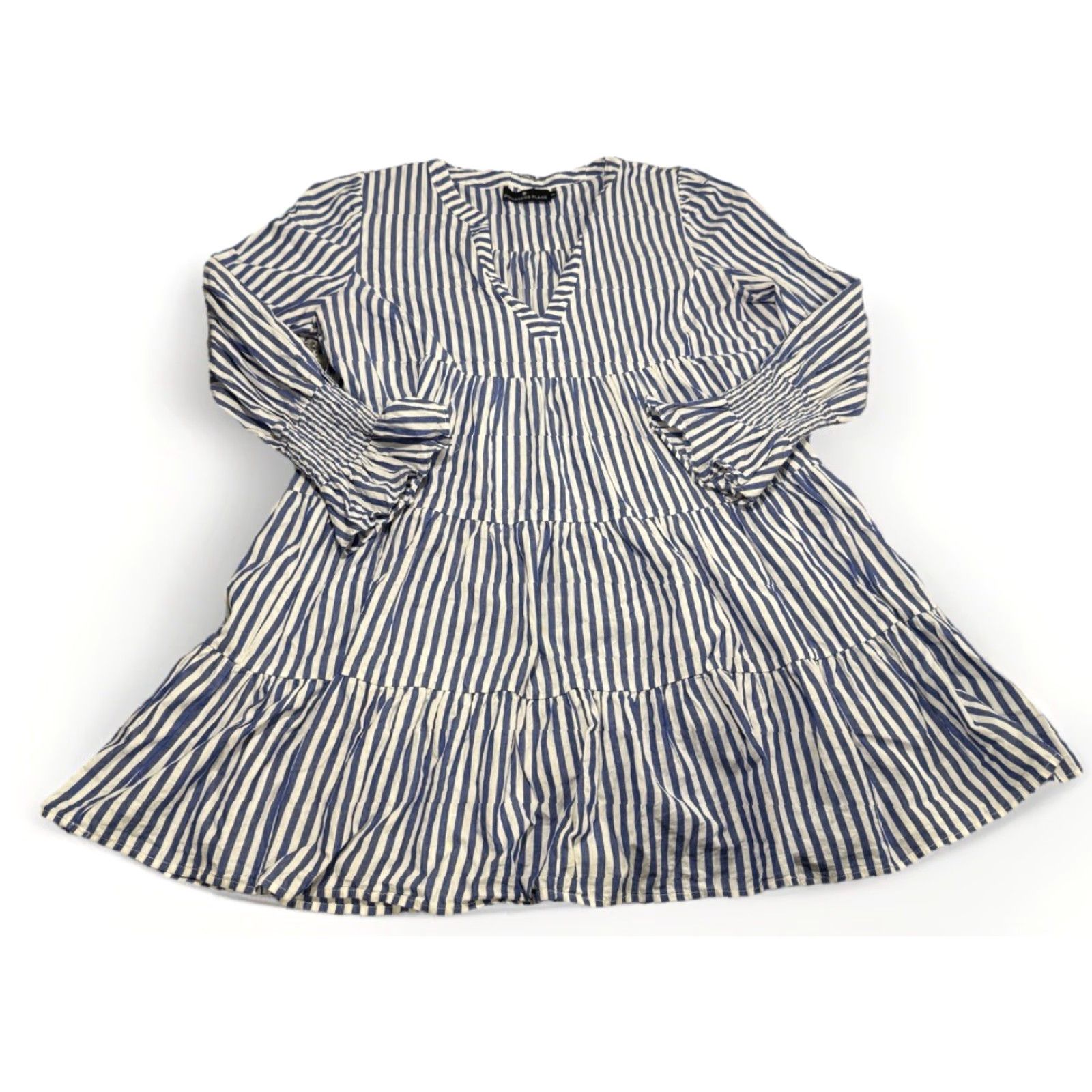 Vintage Pomander Place Plus Size Mini Dress Blue White Stripe Cotton A-Line Long Sleeve V-Neck Womens 2XL Size XXL / US 16-18 / IT 52-54 - 2 Thumbnail
