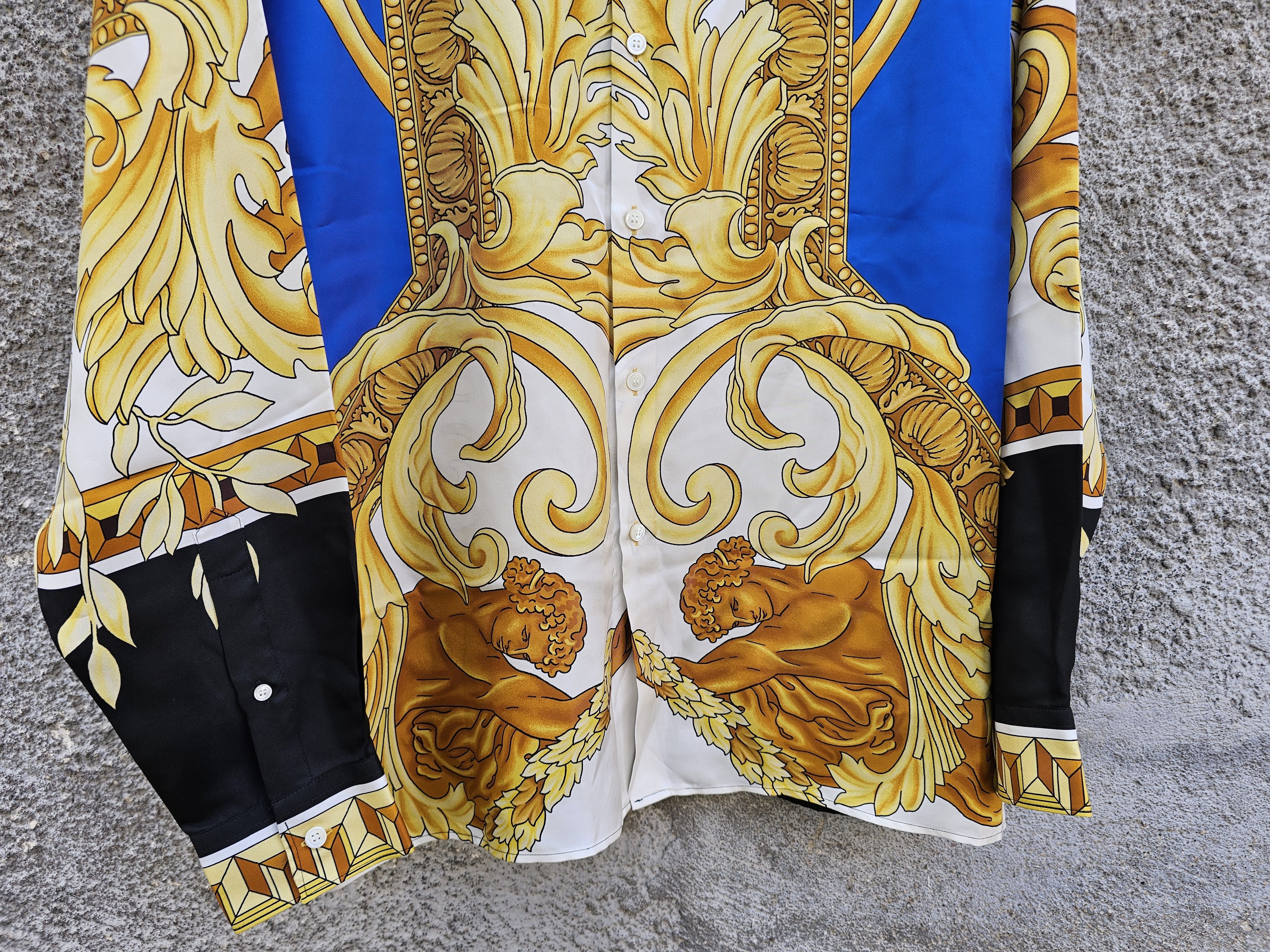 Versace $1350 VERSACE Gold and Blue Floral Baroque Medusa Silk Shirt Size 52L - 8 Thumbnail