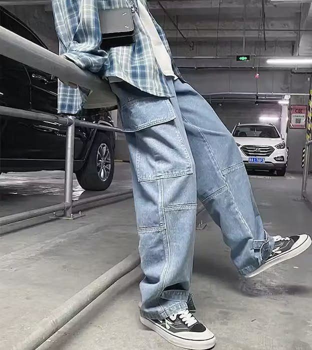 image of Distressed Denim Light Blue Cargo Jeans Wide Leg Denim Loose Straight Baggy, Men's (Size 32)