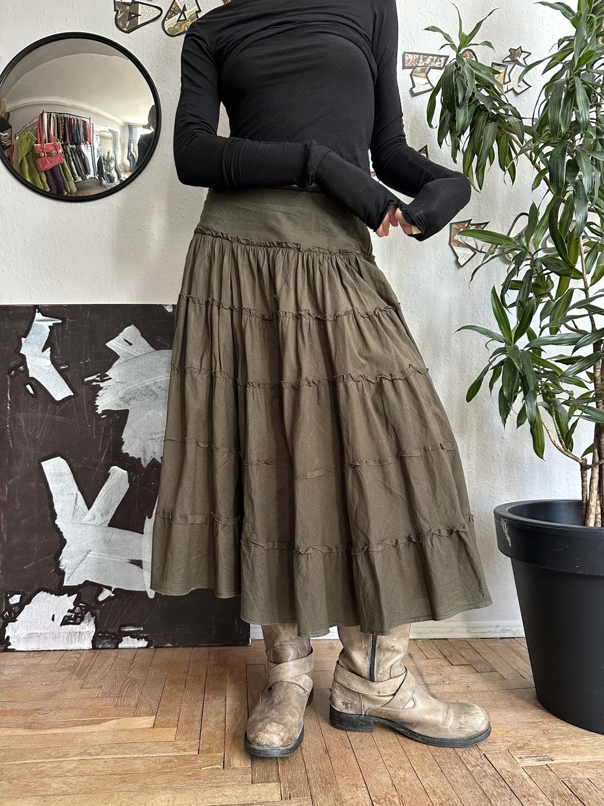 Seditionaries Vintage Boho Fairy Goblin Core Ruffle Khaki Skirt 00s Size 27" / US 4 / IT 40 - 1 Thumbnail