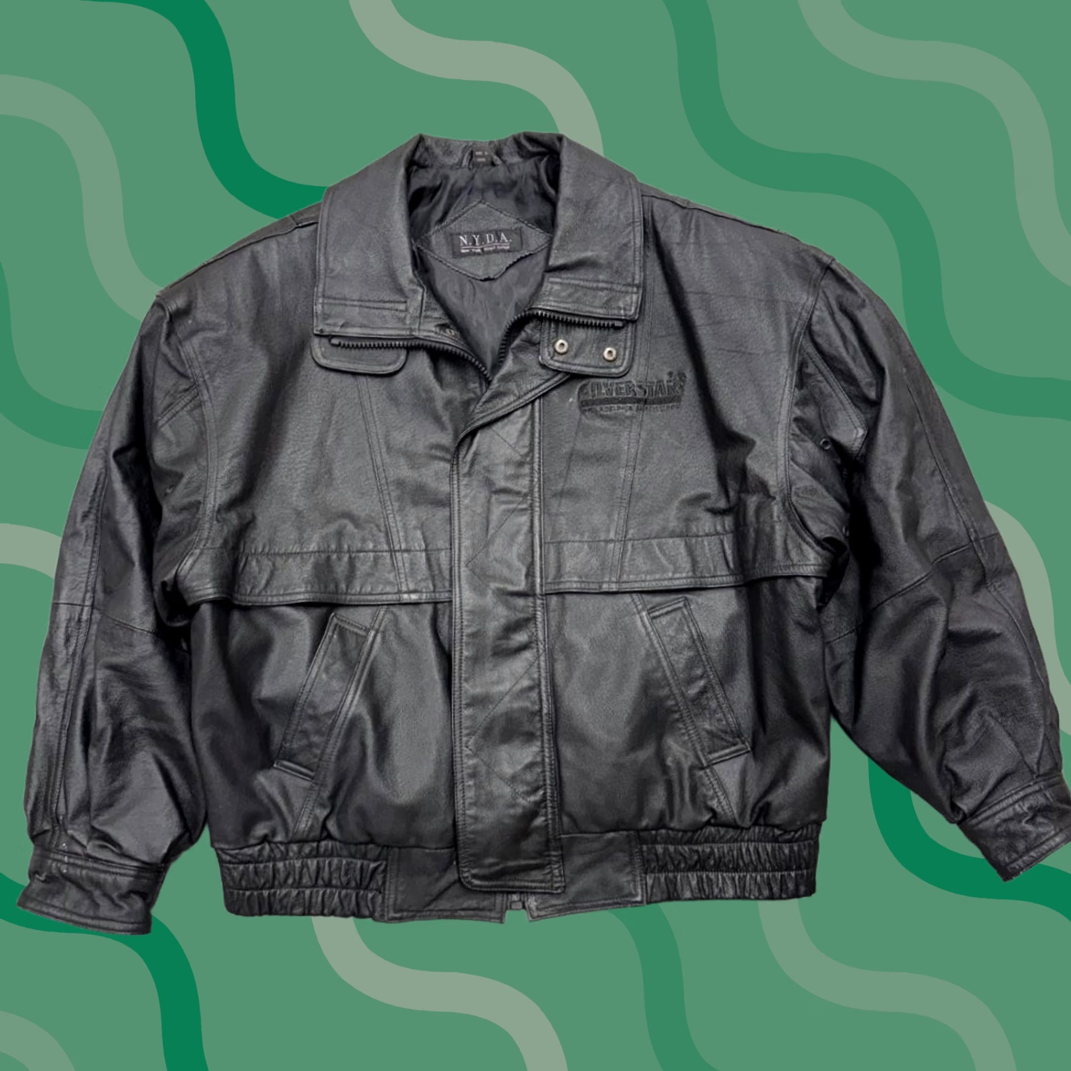 Logo 7 N.Y.D.A. Jacket Mens L Black Leather Bomber NYDA Chest Logo Silver Star Resort Casino Jacket Mens L Black Leather Bomber NYDA Logo Size US L / EU 52-54 / 3 - 1 Thumbnail