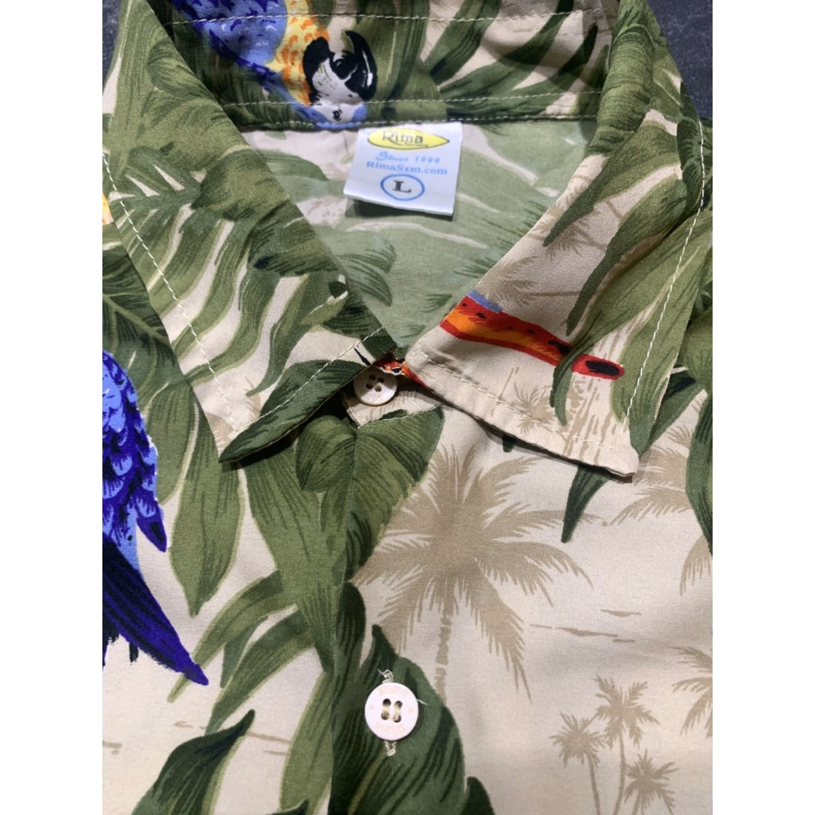 Erima Rima Hawaiian Shirt Men Large Casual Resort Surfing Parrots Palm Tree Blue Floral Short Sleeve Button-Up Size US L / EU 52-54 / 3 - 4 Thumbnail