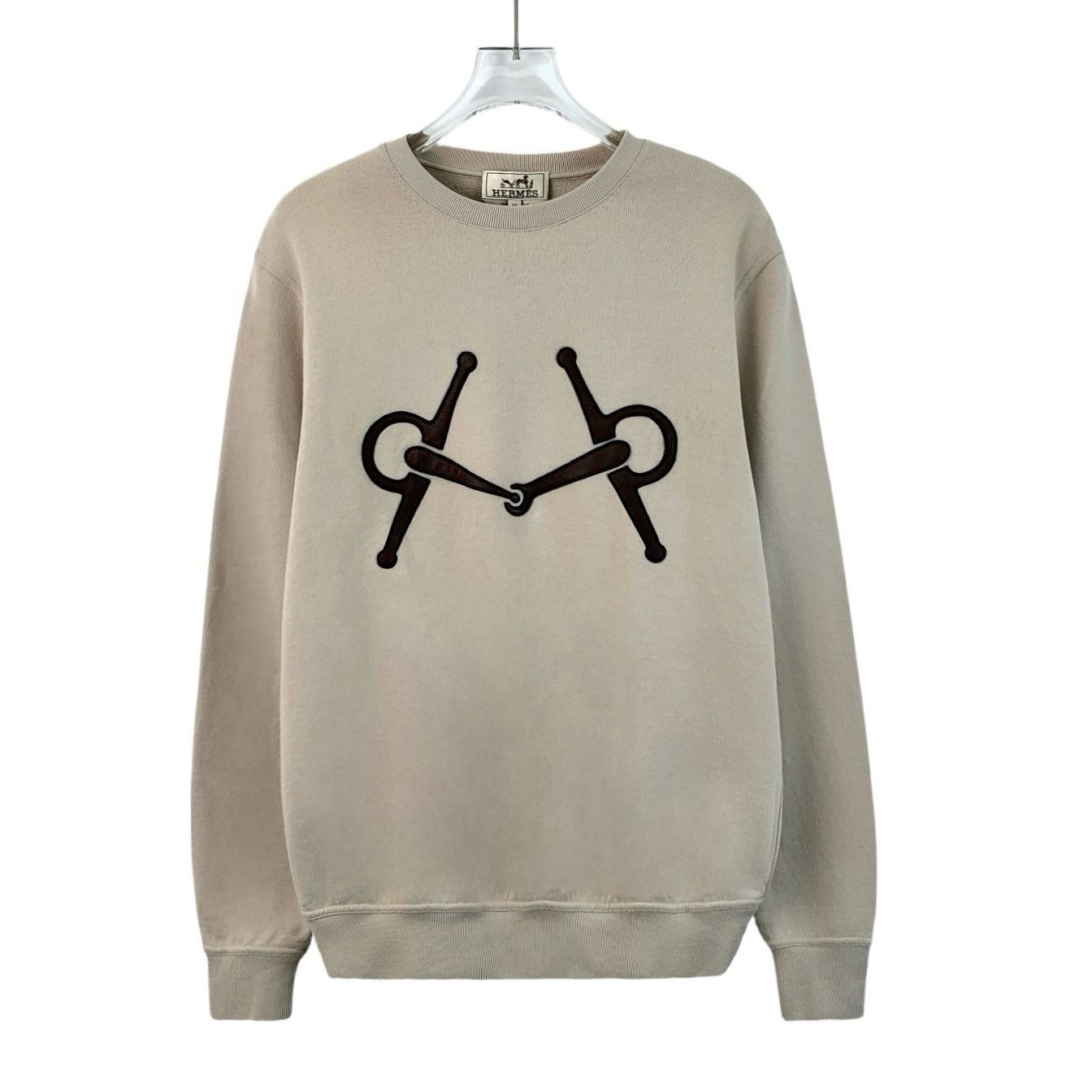 Hermes XS Khaki Horseshoe Buckle Patchwork Long-Sleeved Swea