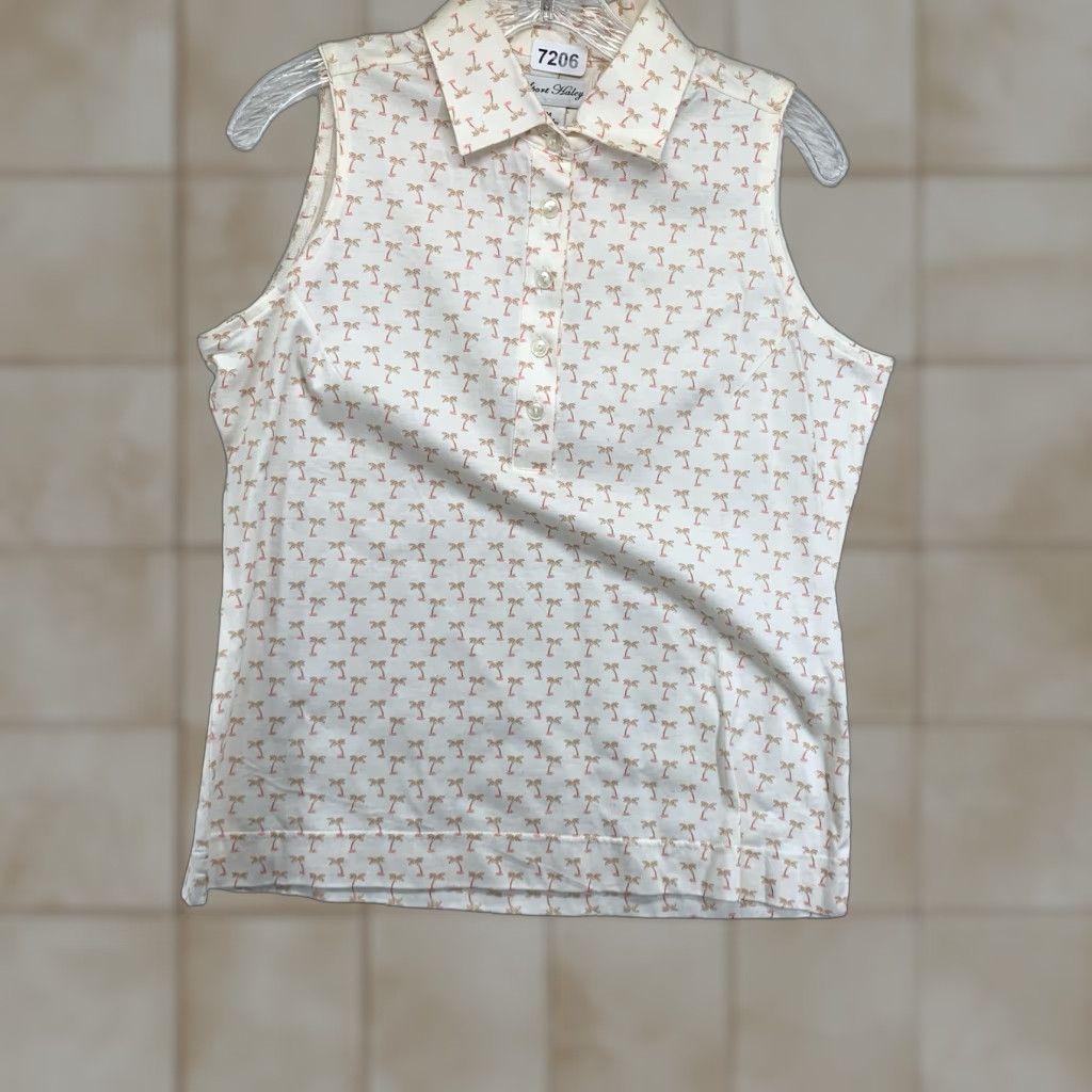 Vintage Sport Haley Women's Collared Tank Top AOP Ivory Pink Palm Trees Cute Medium Top Womens Size M / US 6-8 / IT 42-44 - 1 Thumbnail