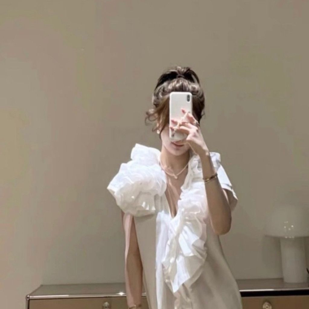 Zara Ruffle Detail Collar V-neck Long Tshirt Dress Size L / US 10 / IT 46 - 1 Thumbnail