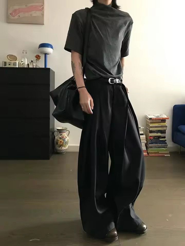 Japanese Brand Black Stacked Flare Pants, Wide Leg Loose Cleanfit Trousers Size US 28 / EU 44 - 4 Thumbnail