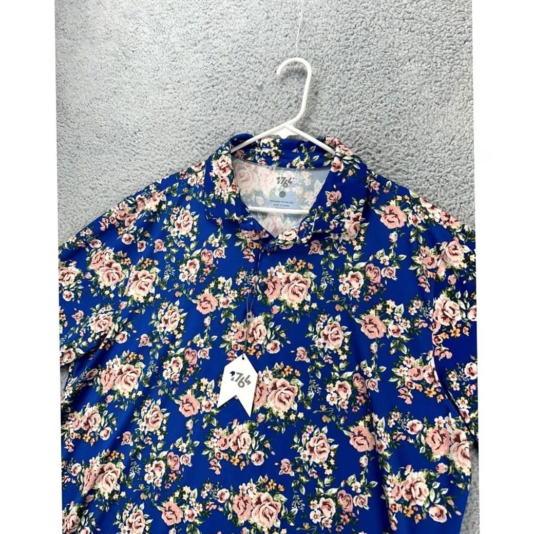 Vintage VINTAGE 1764 Golf Shirt Adult 2XL Blue Floral Polo Rugby Stretch Short Sleeve Mens NEW Size US XXL / EU 58 / 5 - 7 Thumbnail