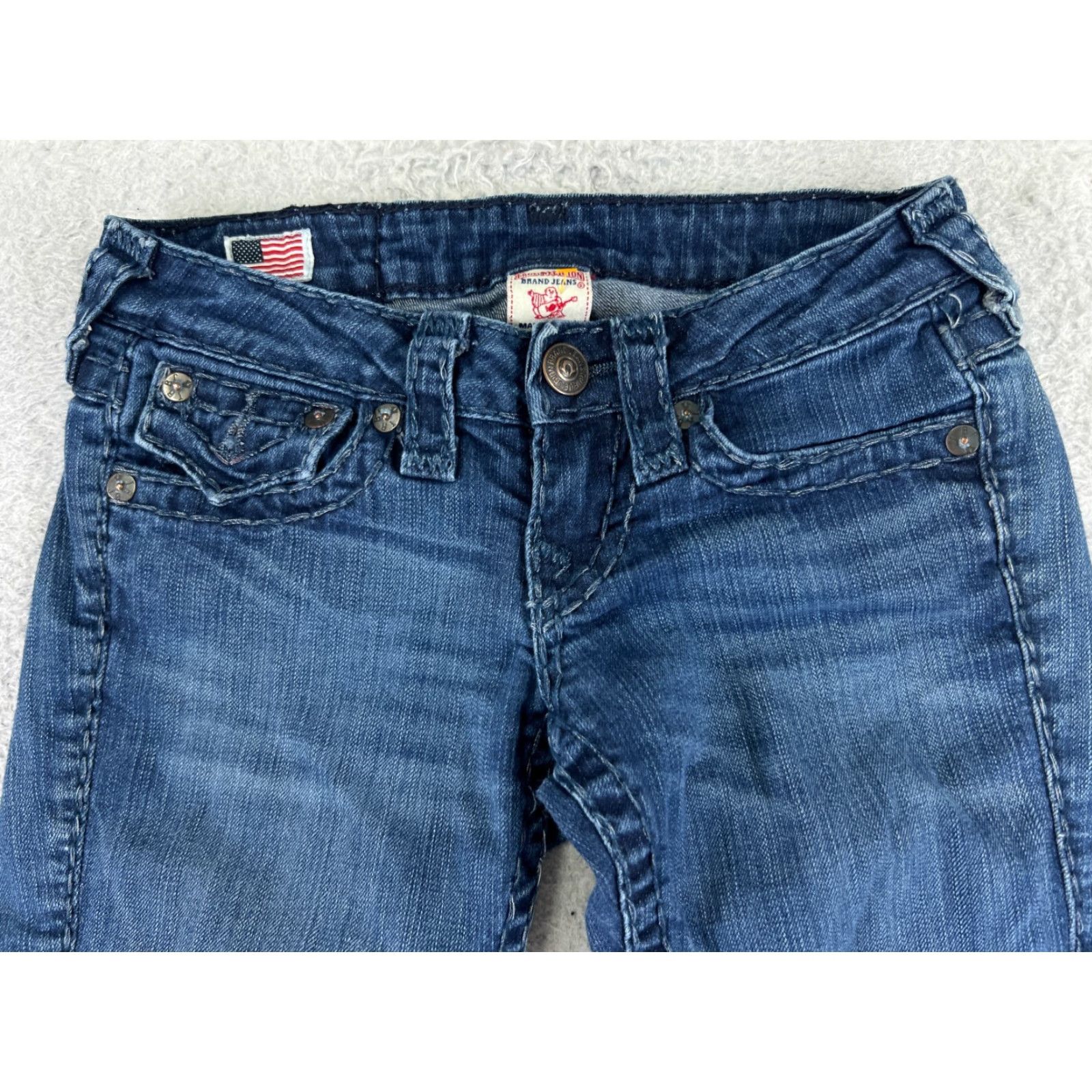 True Religion True Religion Billy Jeans Women 24 Blue Denim Medium Wash Distressed Flared 5-Pocket Regular Waist 24 Inseam 24 Size 42" / US 20 - 4 Thumbnail