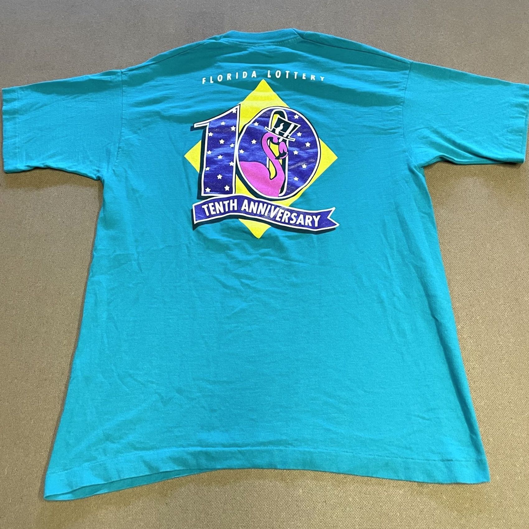 Fruit Of The Loom VINTAGE Florida Lottery Shirt Mens Large Teal Promo 90s Flamingo Graphic Print Crew Neck Short Sleeve Cotton 100% Fruit of the Loom HRG JamaicA Size US L / EU 52-54 / 3 - 5 Thumbnail
