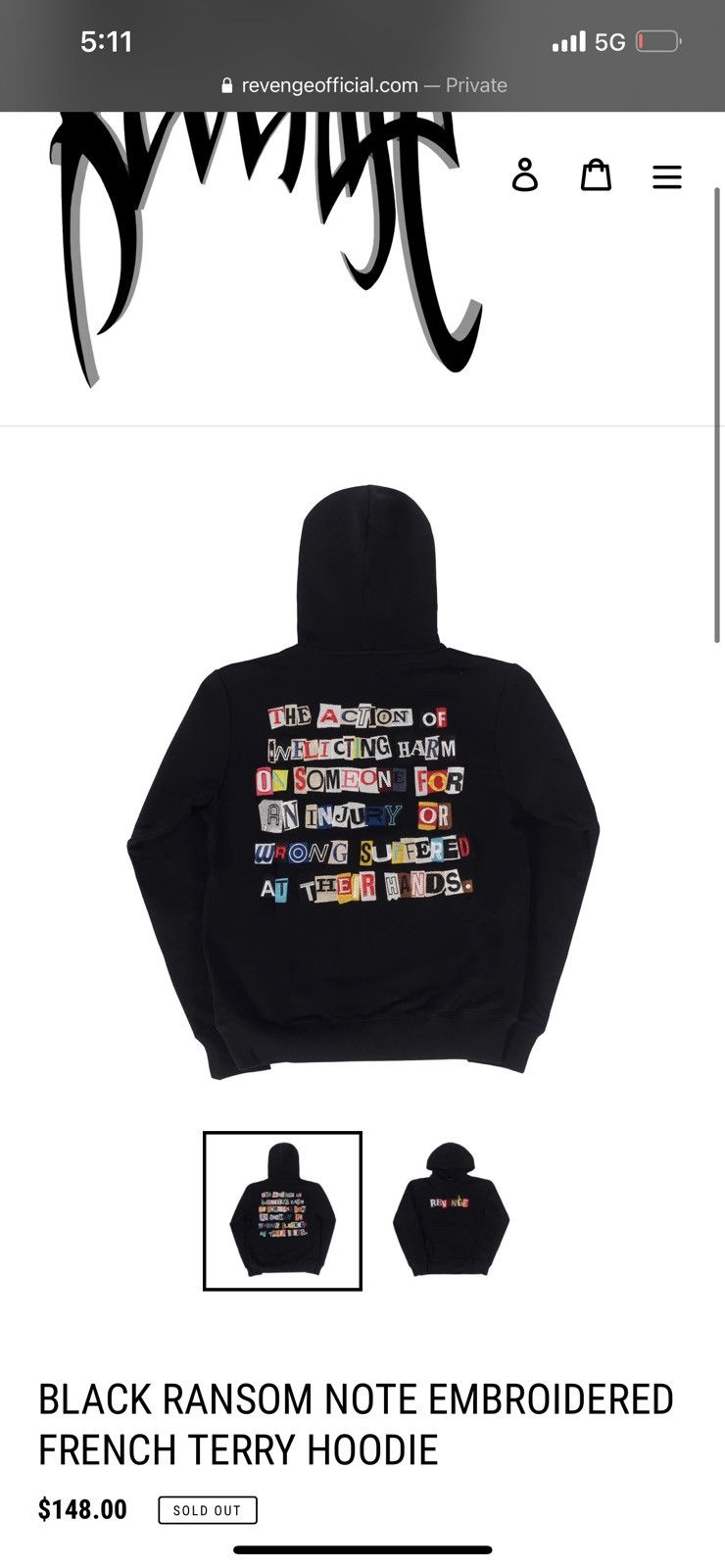 Revenge Black Ransom Note Embroidered French Terry Hoodie NEVER WORN Size US XL / EU 56 / 4 - 4 Thumbnail