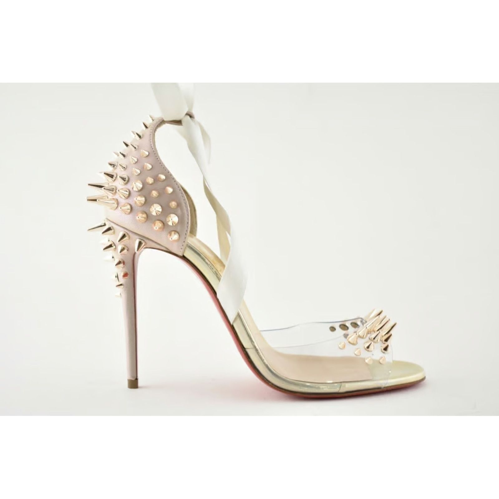 Christian Louboutin Barbarissima 100 Nude Gold PVC Lace Up Sandal Heel Pump 35.5 Size US 5.5 / IT 35.5 - 4 Thumbnail