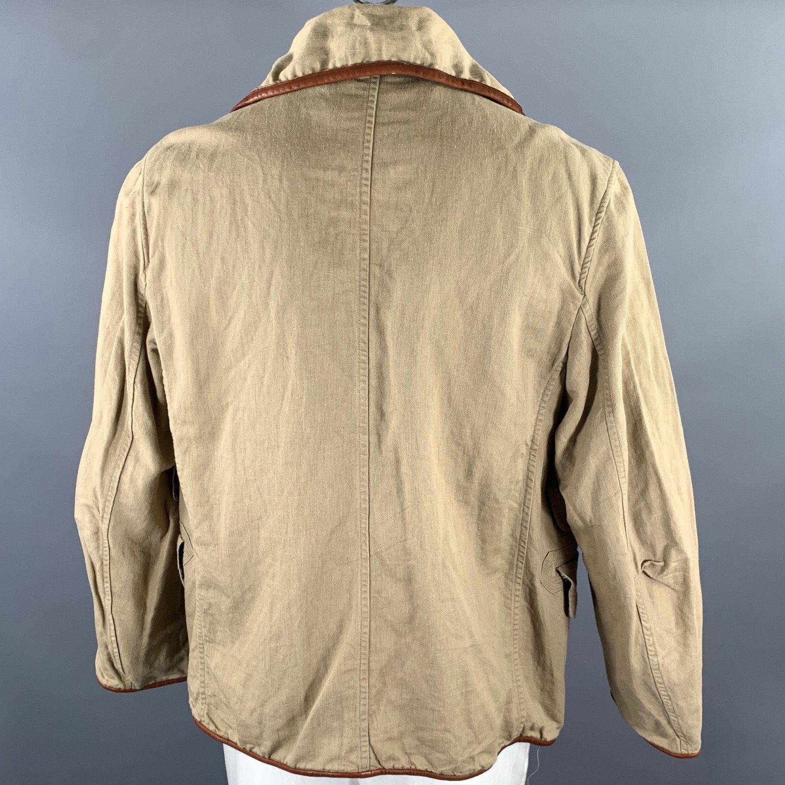 Kapital KAPITAL XL Khaki Cotton Hemp Leather Trim Notch Lapel Jacket Size US XL / EU 56 / 4 - 4 Thumbnail