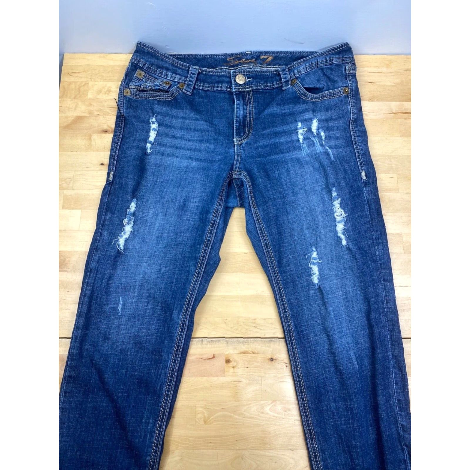 Vintage Seven7 Luxe Denim Jeans Womens 18 Skinny Mid Rise Dark Wash Distress 8162 Size 40" / US 18 - 2 Thumbnail