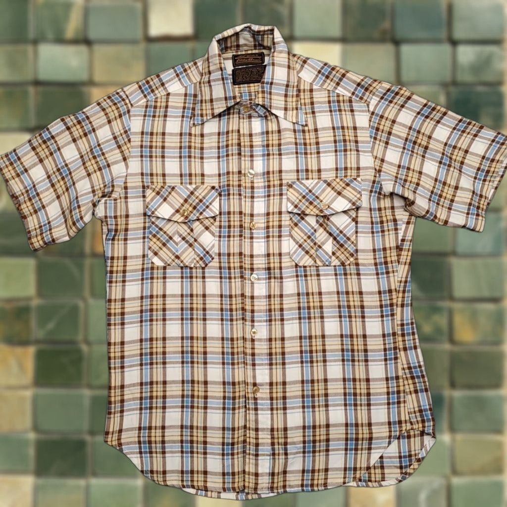 Eddie Bauer VINTAGE Eddie Bauer Shirt Mens M Blue Brown Plaid Brushed Twill 70s Retro Short Sleeve Button-Up Casual Mens Size US M / EU 48-50 / 2 - 1 Thumbnail