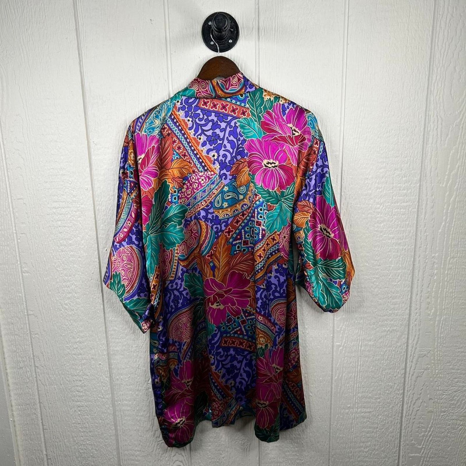 Other Vintage 80s Retro Pattern Silk Dress & Robe Sleep Set Medium Size M / US 6-8 / IT 42-44 - 7 Thumbnail