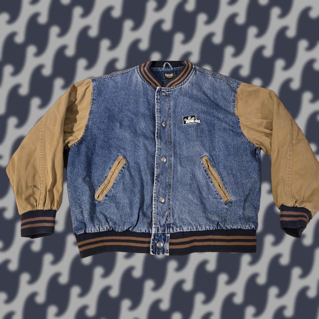 VINTAGE Dunbrooke Jacket Mens XL Denim Varsity Bomber Snap Front Ideal Patch 90s