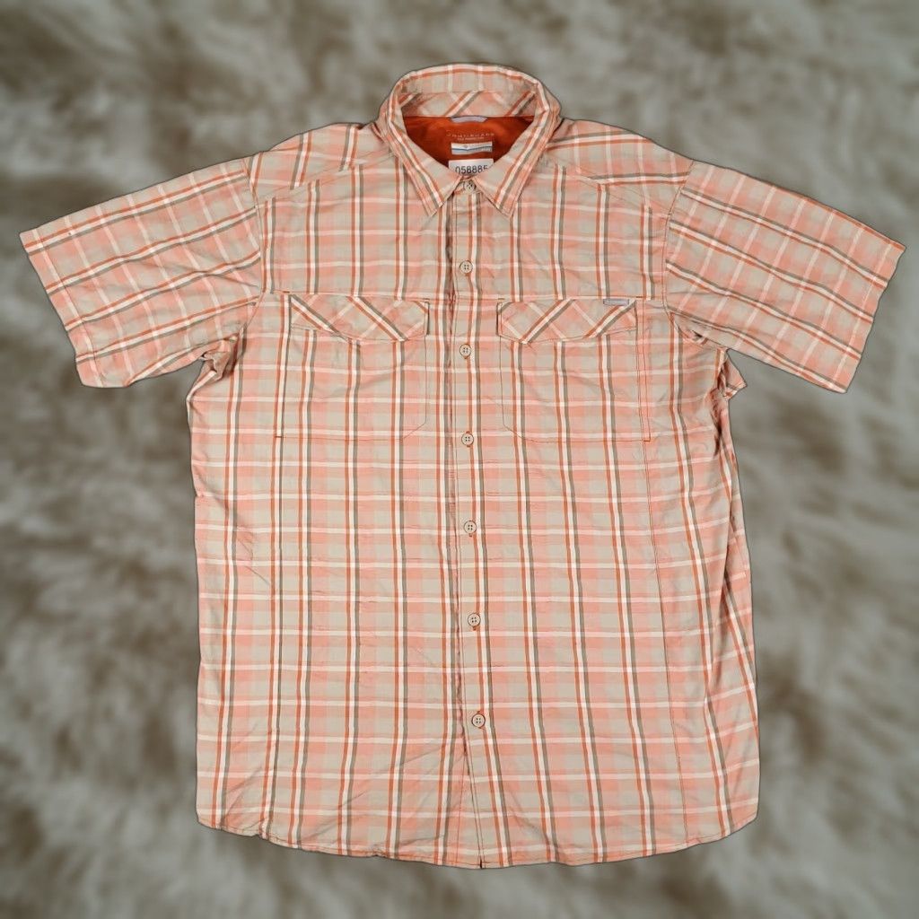 Vintage Columbia Shirt Mens XL Orange Plaid Nylon Button Up Short Sleeve Vented Classic American Preppy Weather All Seasons Mens Size US XL / EU 56 / 4 - 1 Thumbnail