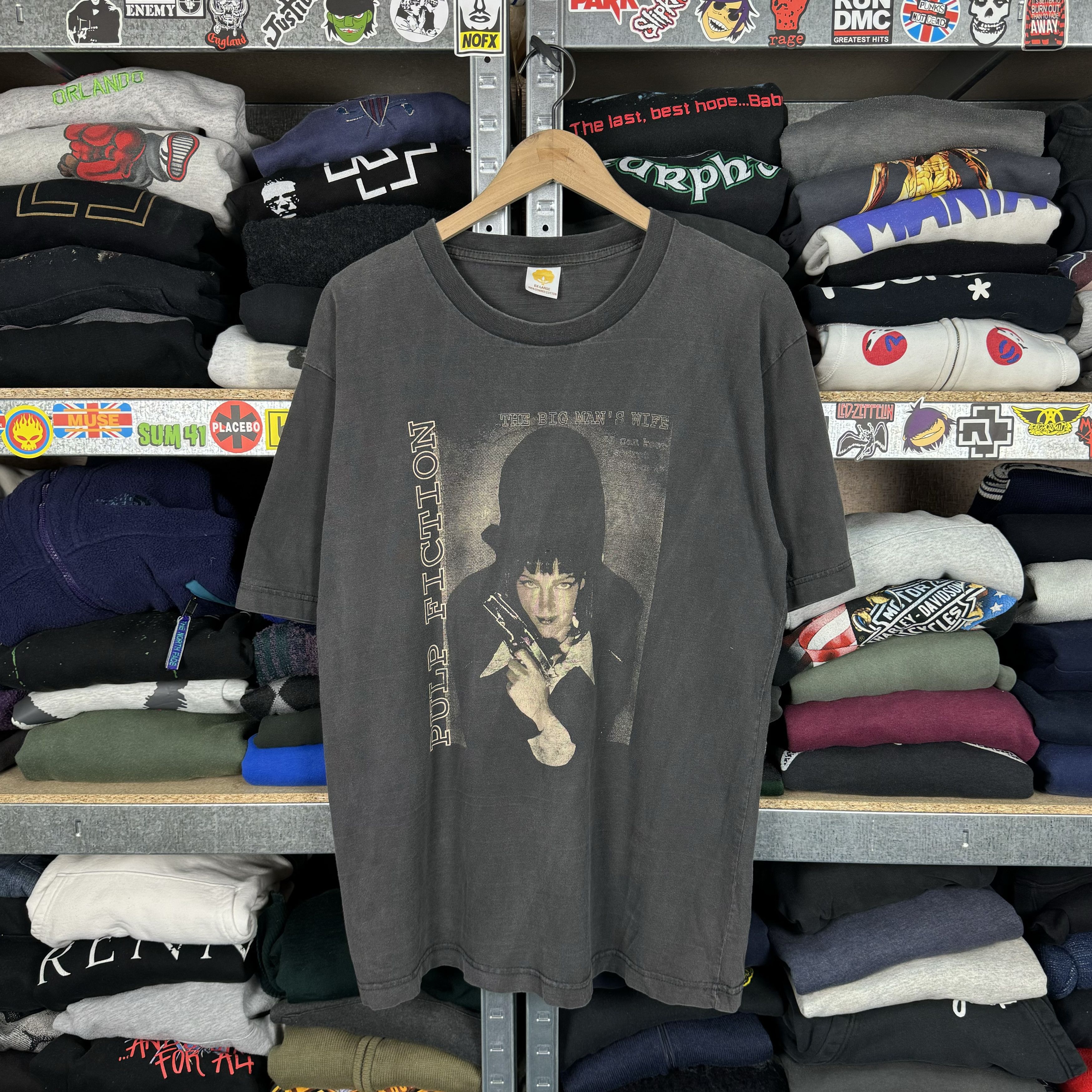 image of Movie x Vintage 90's Pulp Fiction The Big Mans Wife Faded T-Shirt Tee in Black, Men's (Size Large)