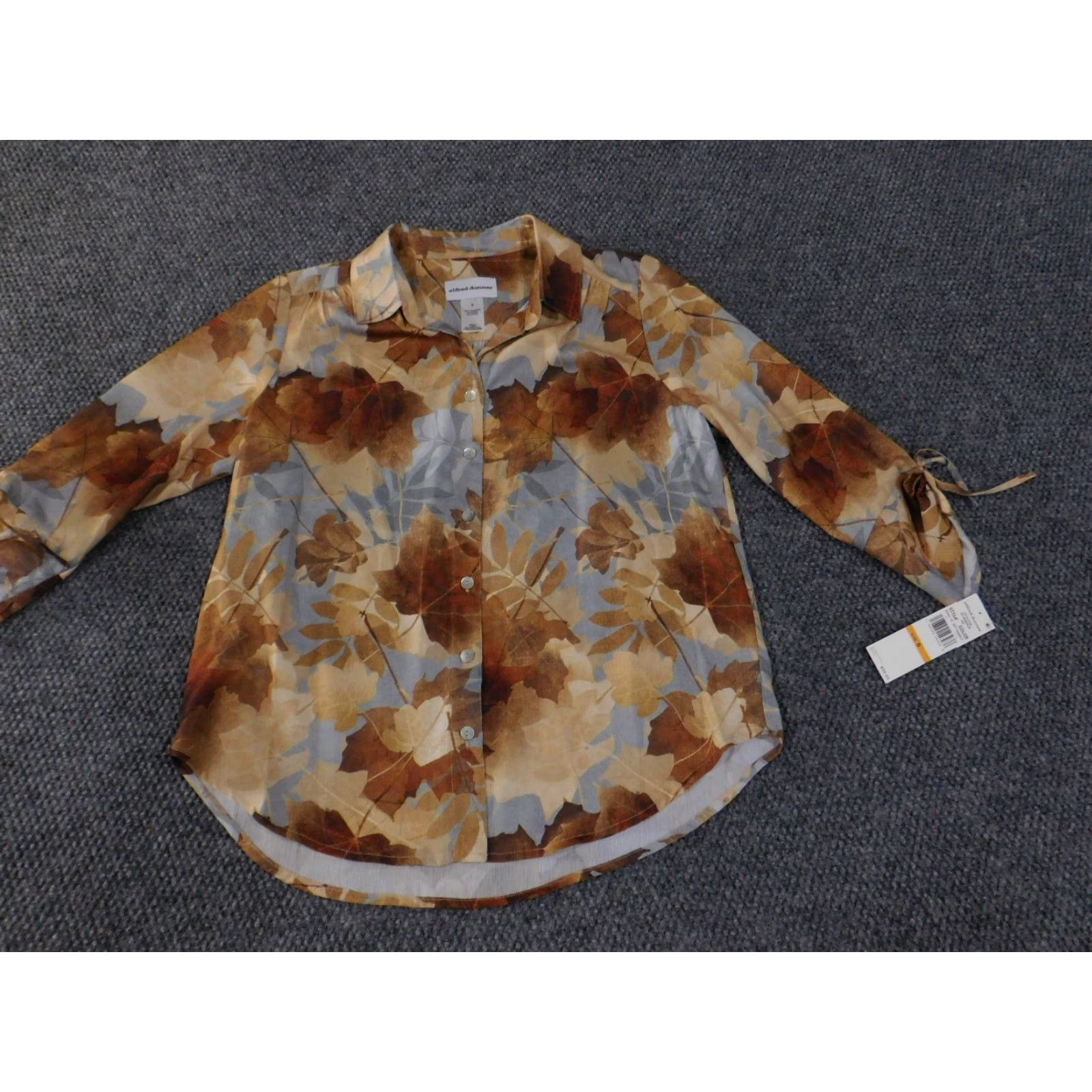 Vintage Alfred Dunner Blouse Womens S Brown Tan Leaf Print Button Front Sheer Top Casual Knit Polyester Beaded 3/4 Sleeve Geometric ID:None Size S / US 4 / IT 40 - 3 Thumbnail