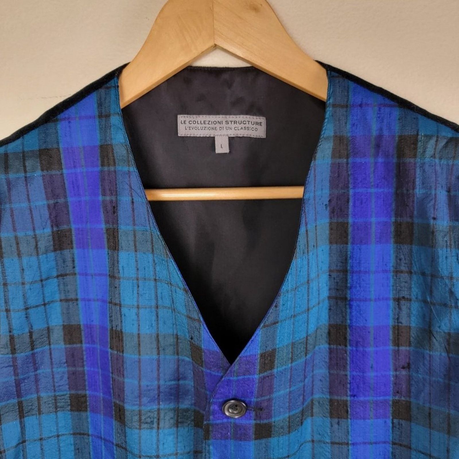 Vintage Le Collezioni Structure Plaid Silk Vest size L Blue Italy Size 40R - 4 Thumbnail