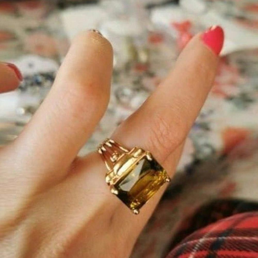 Designer 15mm Princess Cut Yellow Coffee Rhinestone Retro Gold Ring Size ONE SIZE - 2 Thumbnail