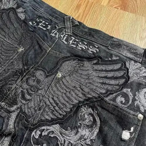VIBE Retro Skull Wings Embroidered Baggy Jeans Size US 30 / EU 46 - 3 Thumbnail