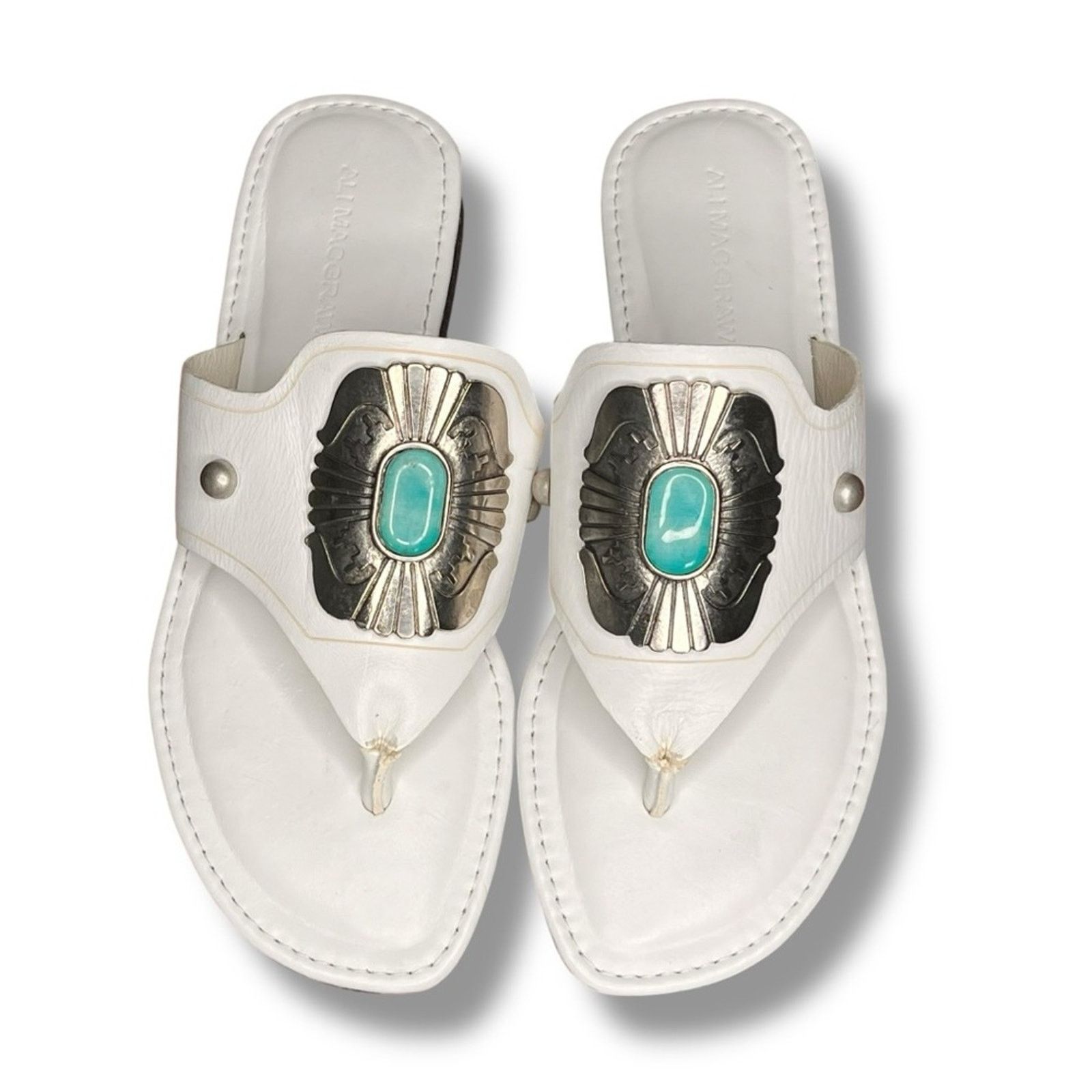 Other Ali McGraw white turquoise/silver medallion leather sandal Size US 6.5 / IT 36.5 - 2 Thumbnail