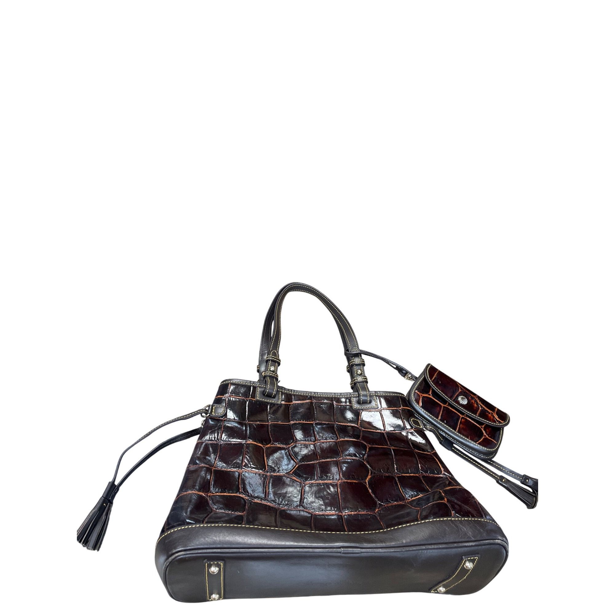 Dooney Bourke Womans Brown Croc Embossed Leather Tote Wristl
