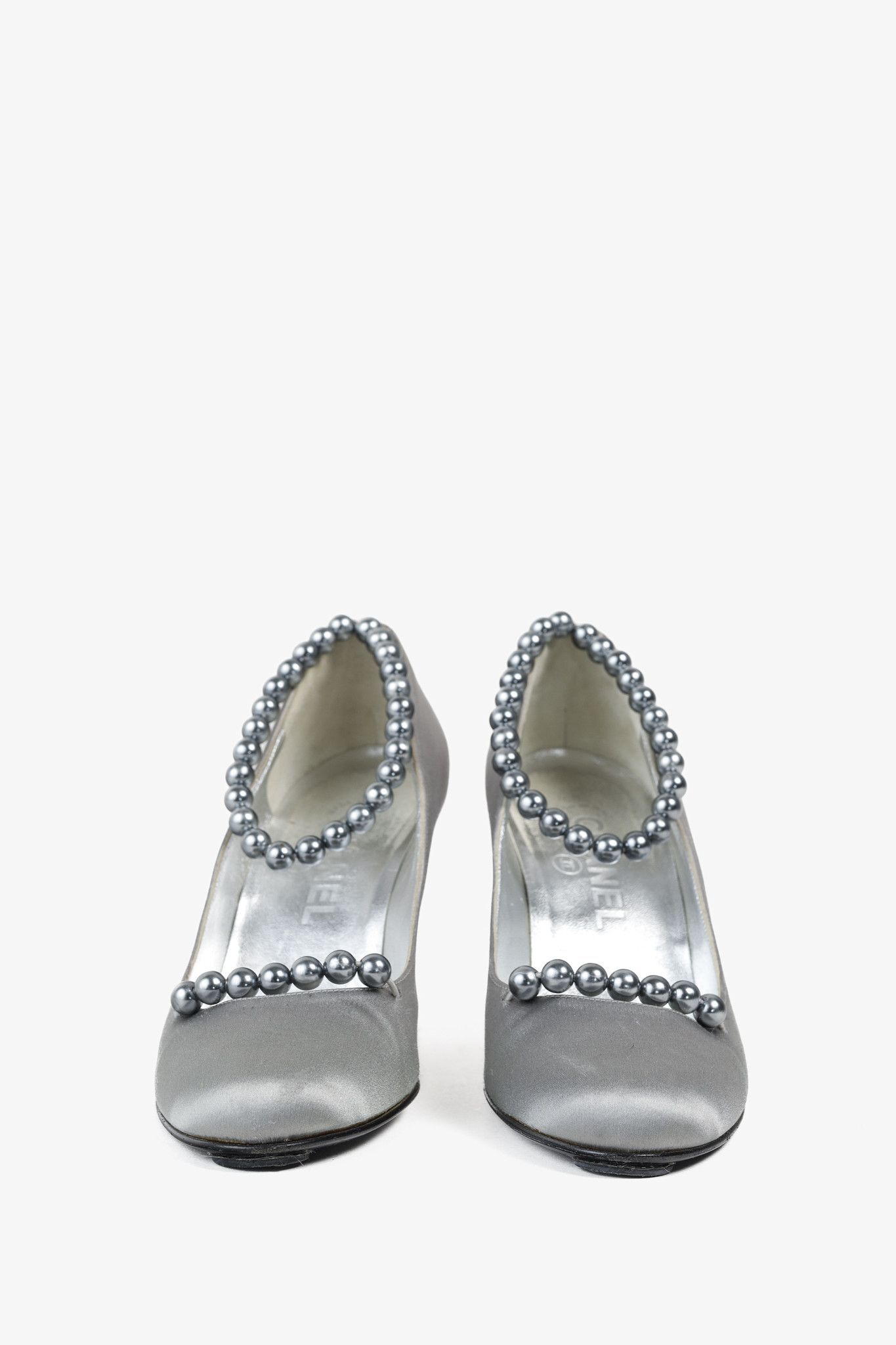 Chanel Chanel Grey Pearl Ankle Satin Pumps Size US 7 / IT 37 - 2 Thumbnail
