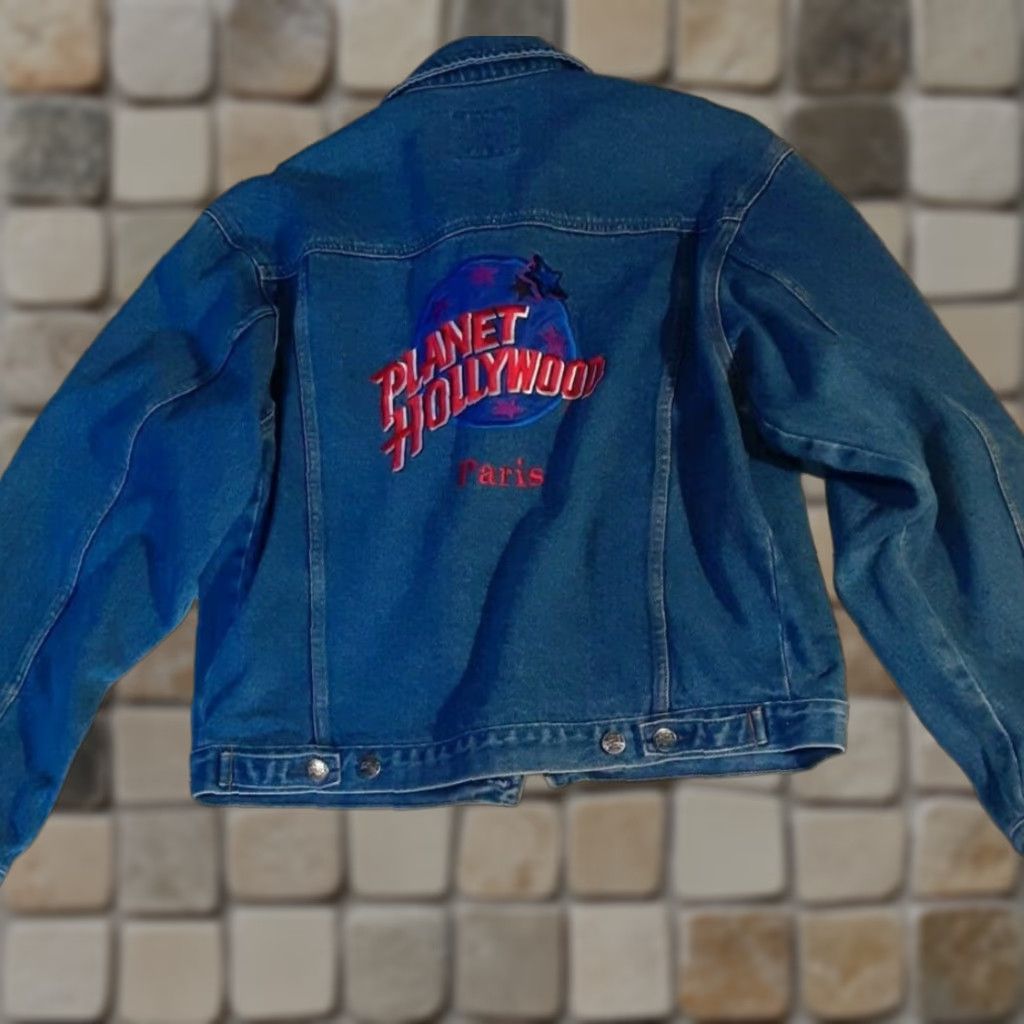 Vintage VINTAGE Planet Hollywood jeans jacket Bomber Jacket Men Medium Blue 80s Embroidered Cotton All Seasons Size US 31 - 1 Thumbnail