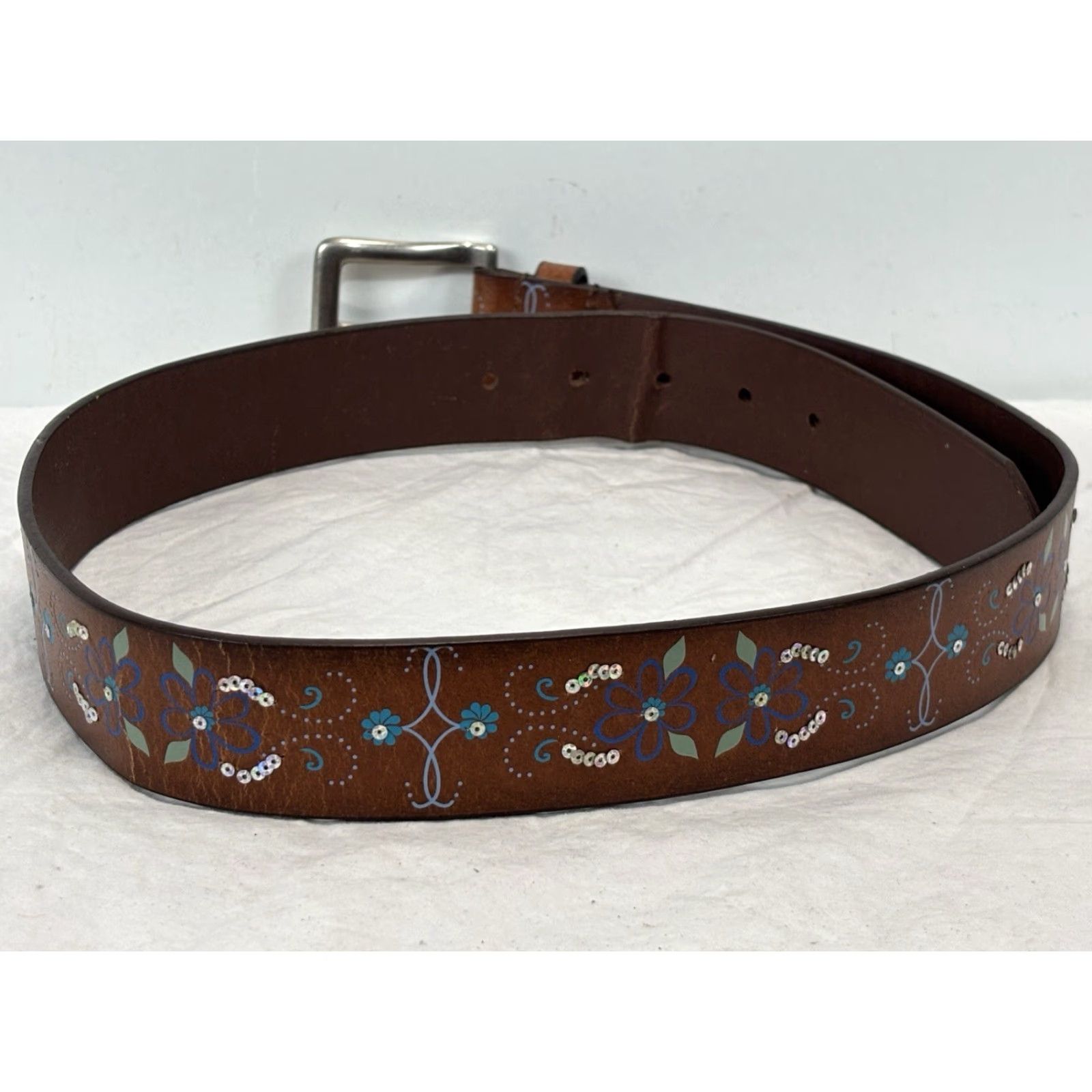 Vintage VINTAGE Aéropostale Leather Belt Women’s Small Brown Floral Sequins 1.5” Y2K Size ONE SIZE - 3 Thumbnail