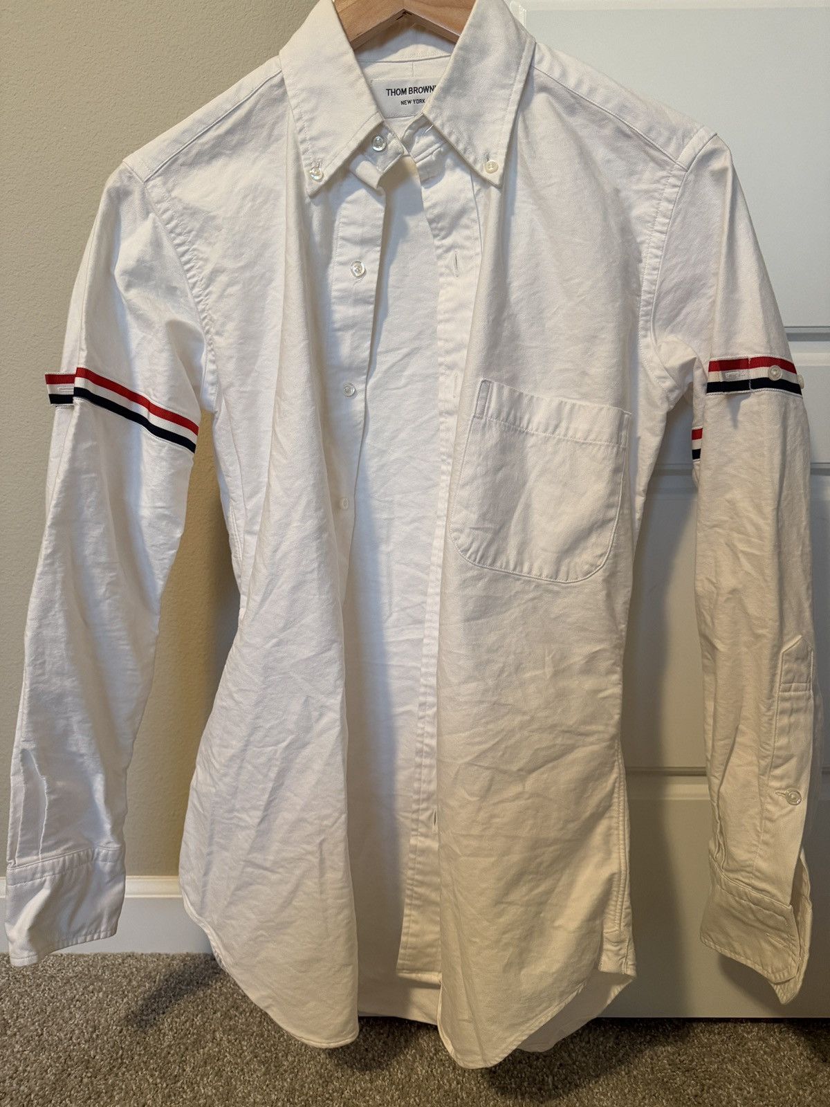 Thom Browne White Oxford Shirt Grosgrain Stripe Armband Sz 0